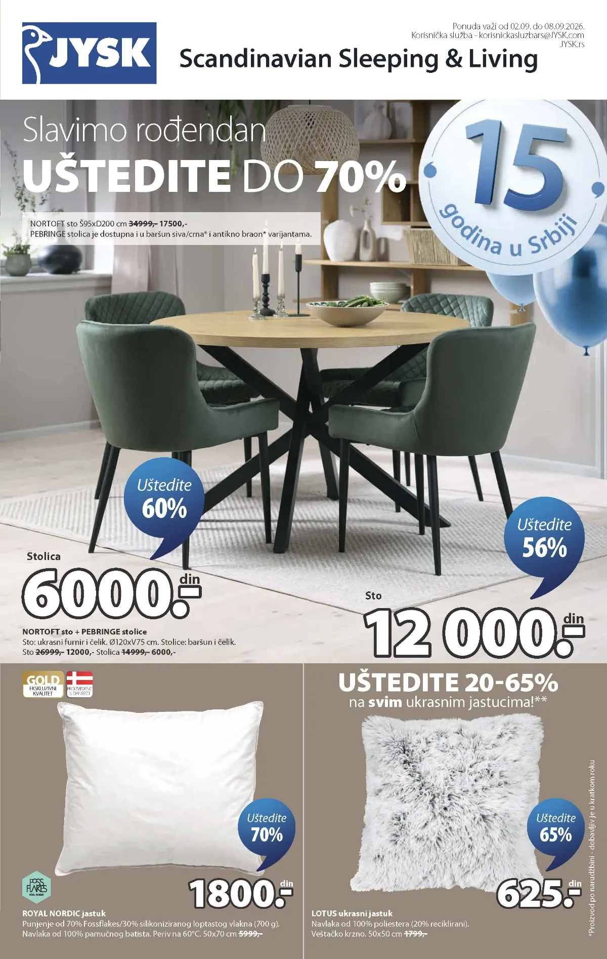 JYSK rođendanska akcija od 02.09. do 08.09.2026. – nameštaj, dušeci, jastuci i oprema za dom sniženi do 70%