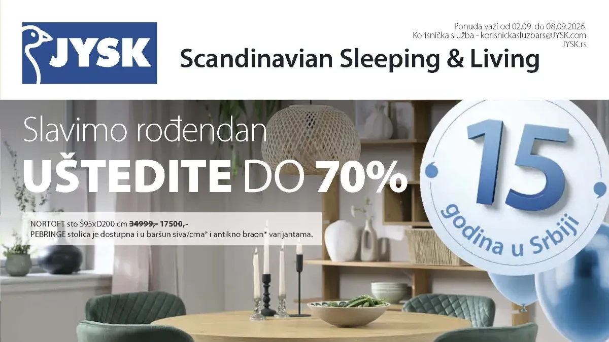 JYSK rođendanska akcija od 02.09. do 08.09.2026. – nameštaj, dušeci i proizvodi za dom sniženi do 70%