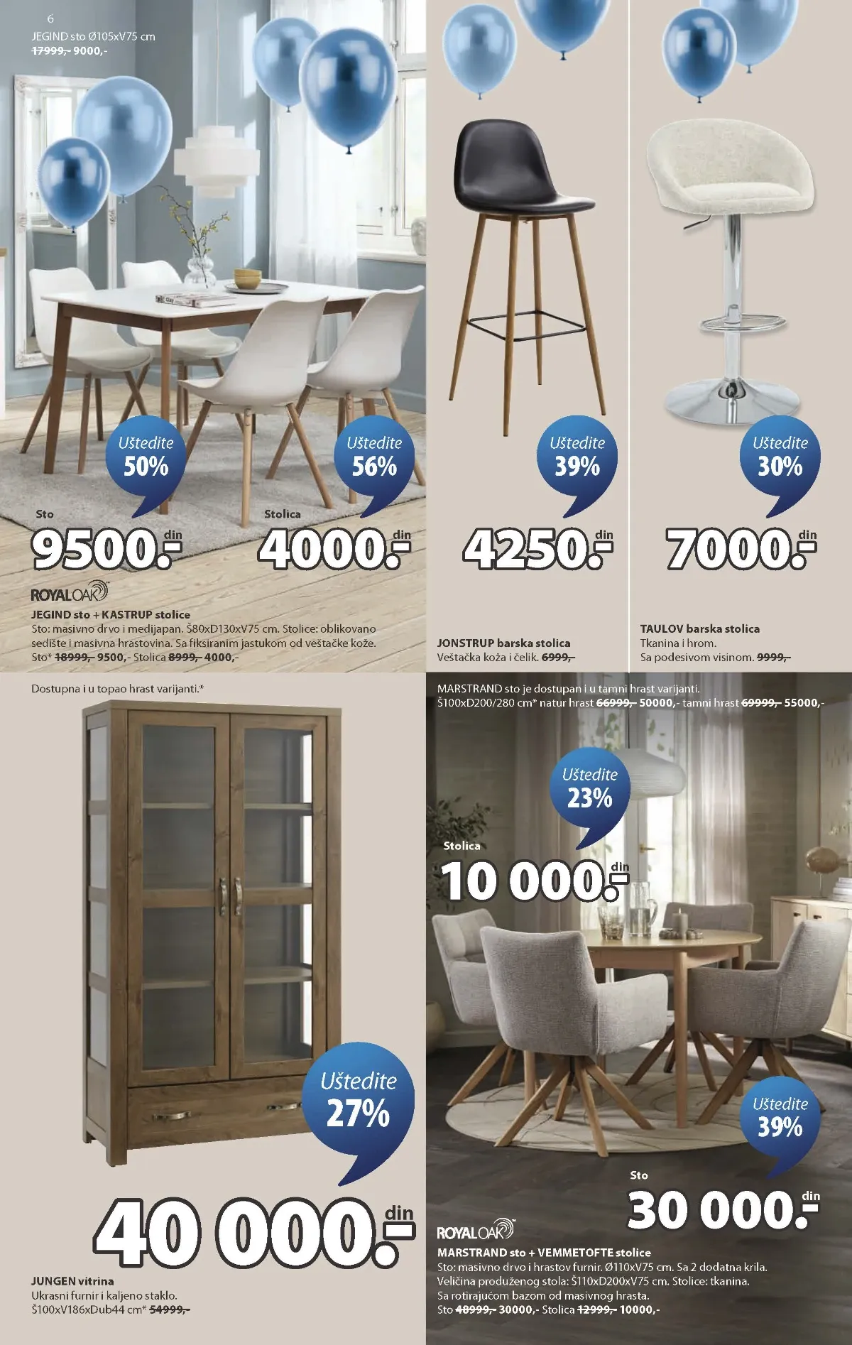 JYSK katalog strana 6 – trpezarijski stolovi, stolice i vitrine na akciji