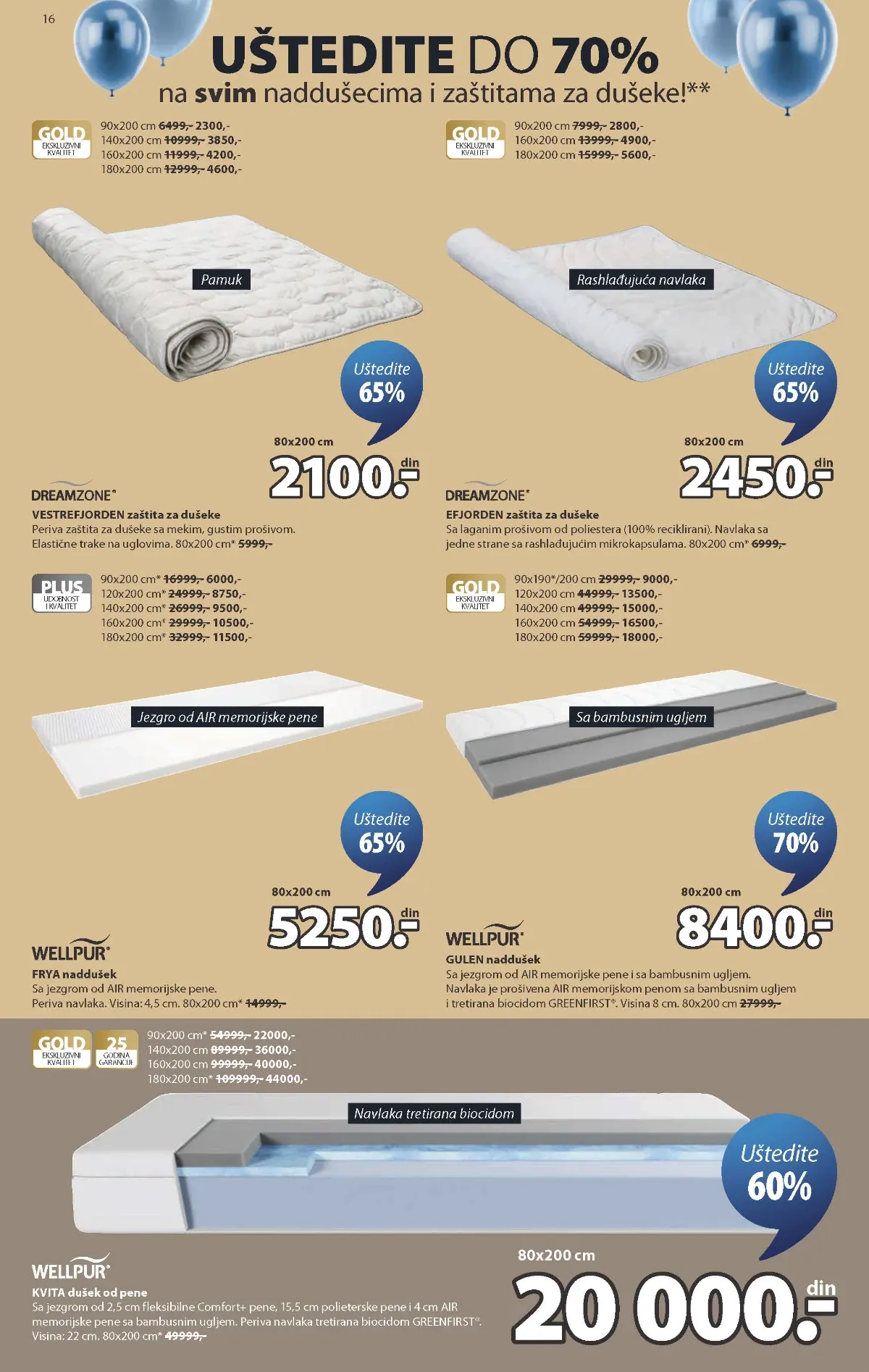 JYSK katalog strana 16 – naddušeci i zaštite za dušeke sniženi do 70%
