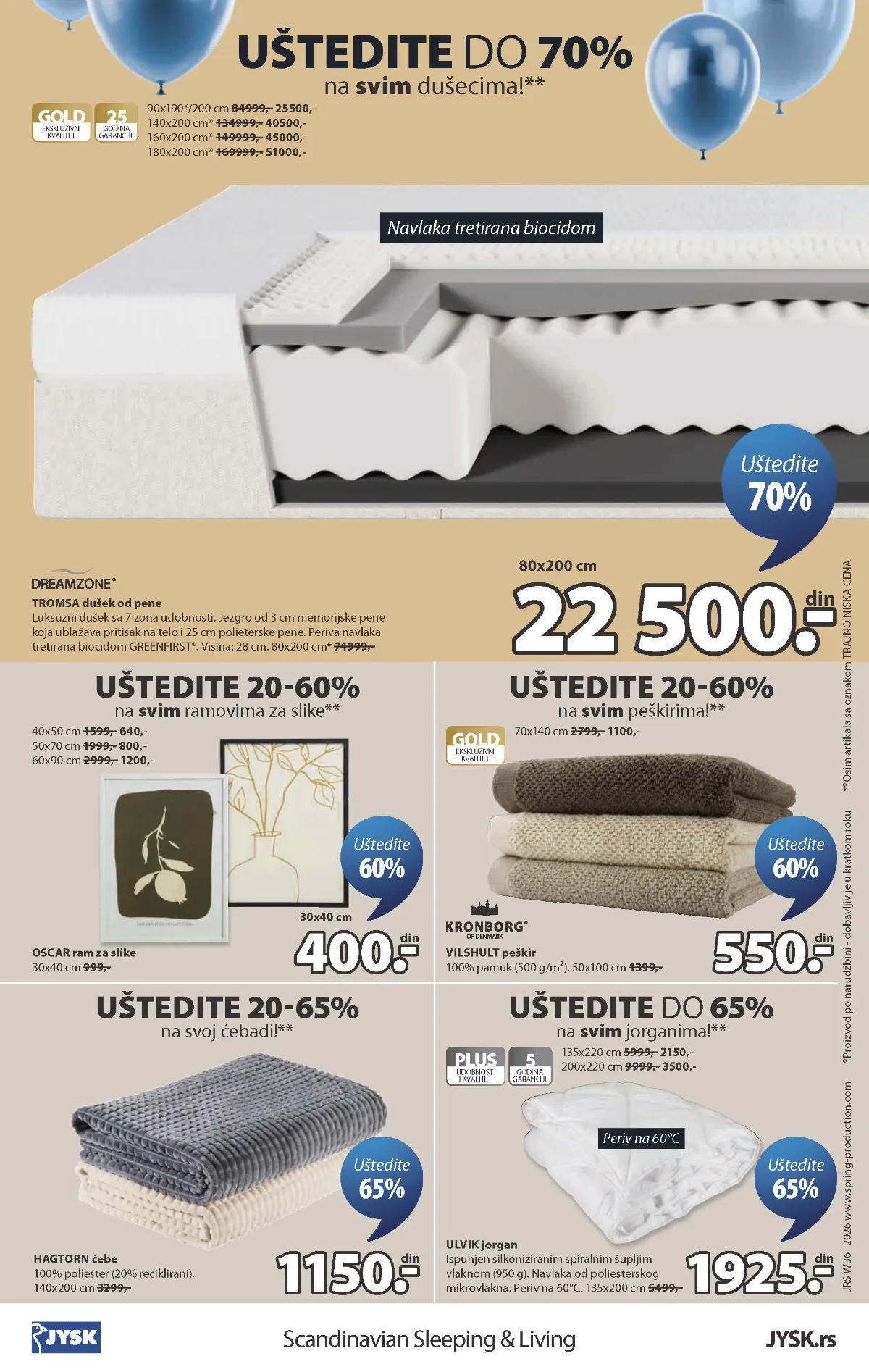 JYSK katalog strana 24 – izdvojeni popusti na dušeke, jorgane, peškire i ramove