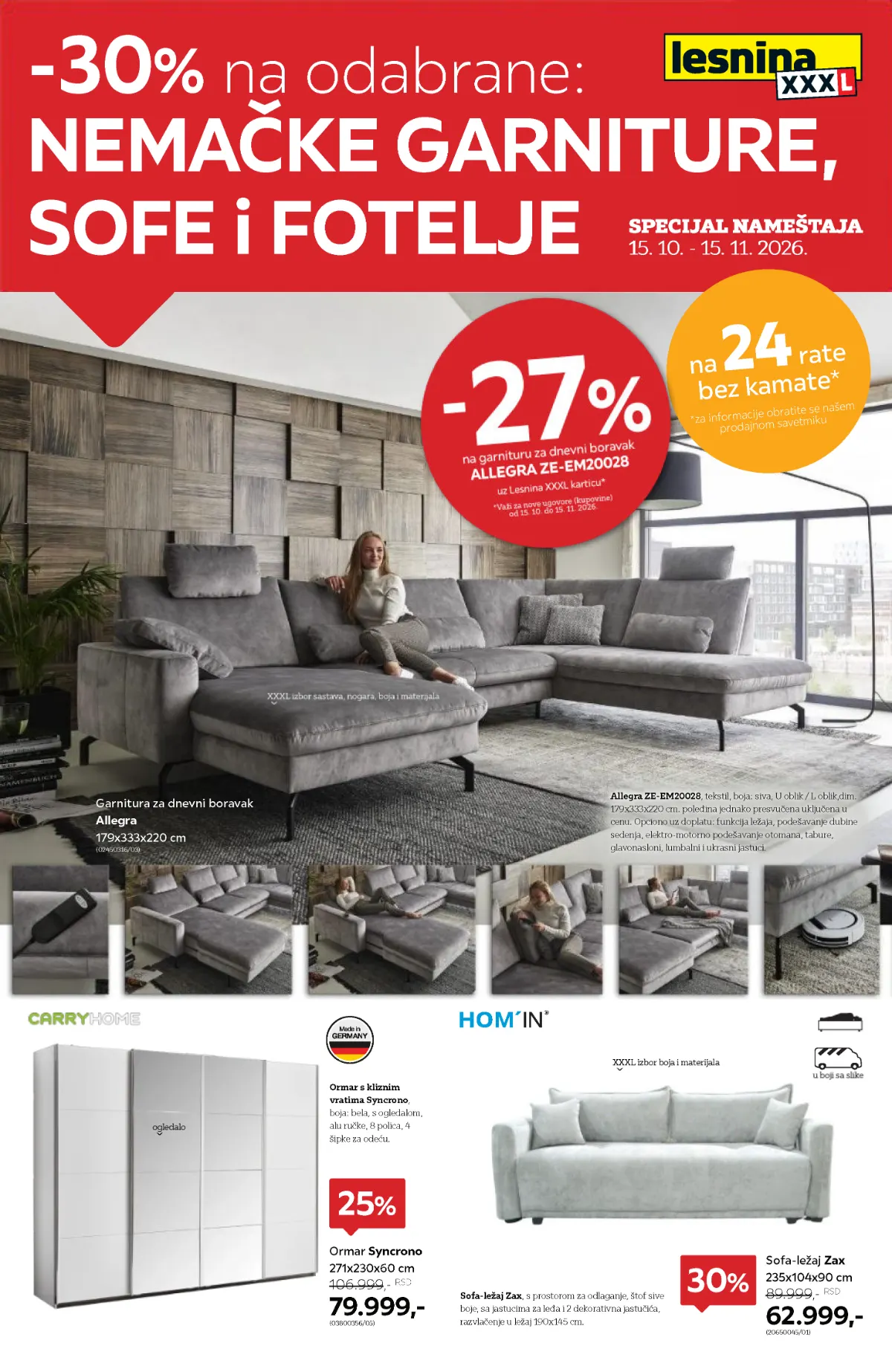 Lesnina XXXL katalog od 15.10. do 15.11.2026 – ugaona garnitura Allegra, ormar Syncrono i sofa Zax sa popustima do 30%
