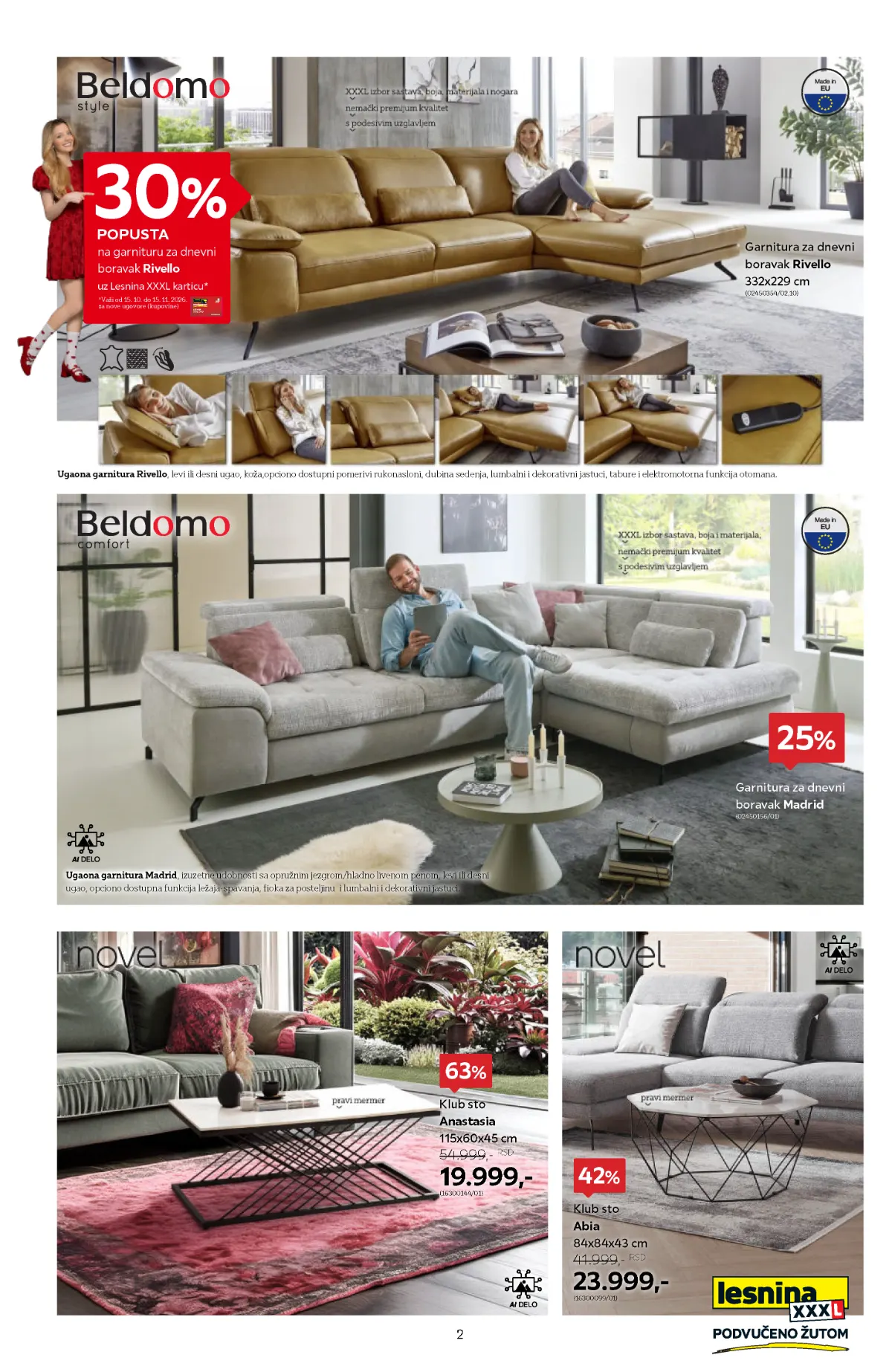 Lesnina XXXL katalog strana 2 – ugaone garniture Rivello i Madrid, klub stolovi Anastasia i Abia sa popustima do 63%