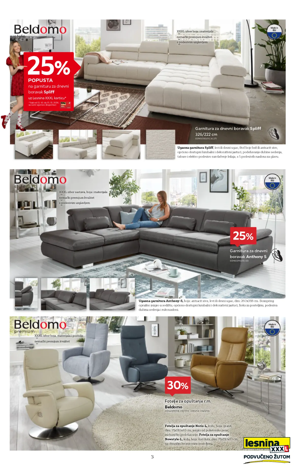 Lesnina XXXL katalog strana 3 – Beldomo garniture Spliff i Anthony S snižene 25% i fotelje za opuštanje sa popustom 30%