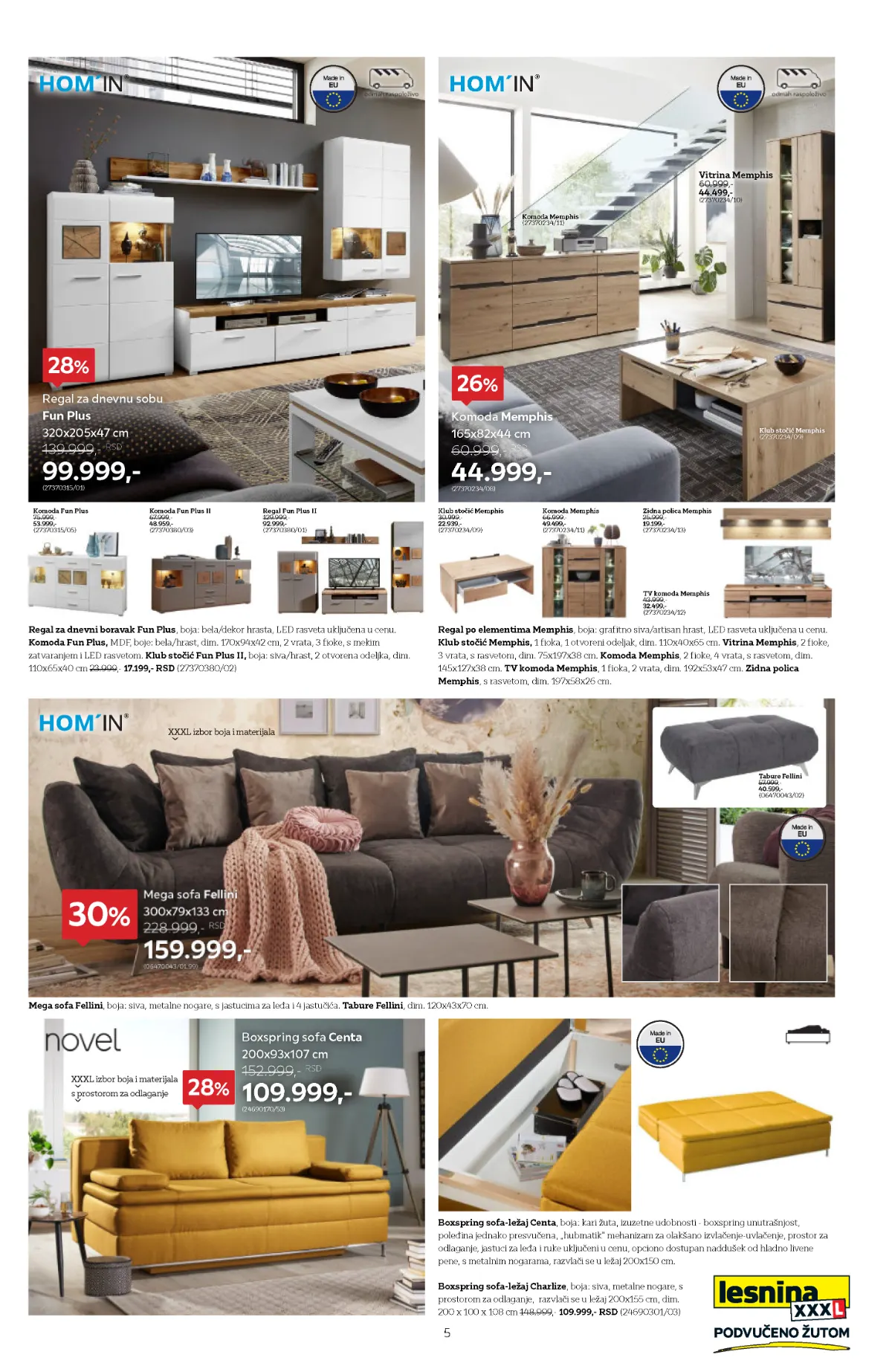Lesnina XXXL katalog strana 5 – regal Fun Plus, komoda Memphis, sofa Fellini i Boxspring sofa Centa sa popustima do 30%