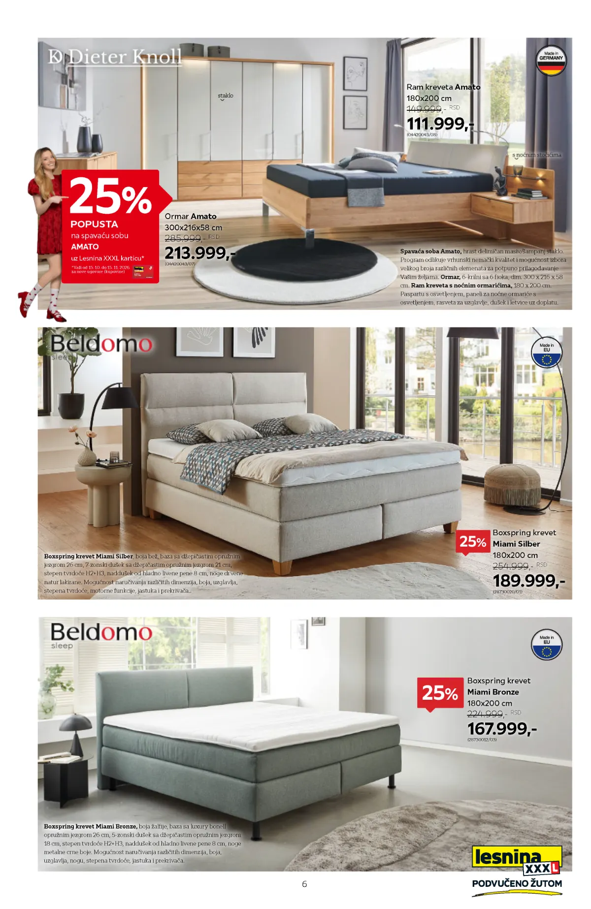Lesnina XXXL katalog strana 6 – spavaća soba Amato, Boxspring kreveti Miami Silber i Miami Bronze sa popustima od 25%