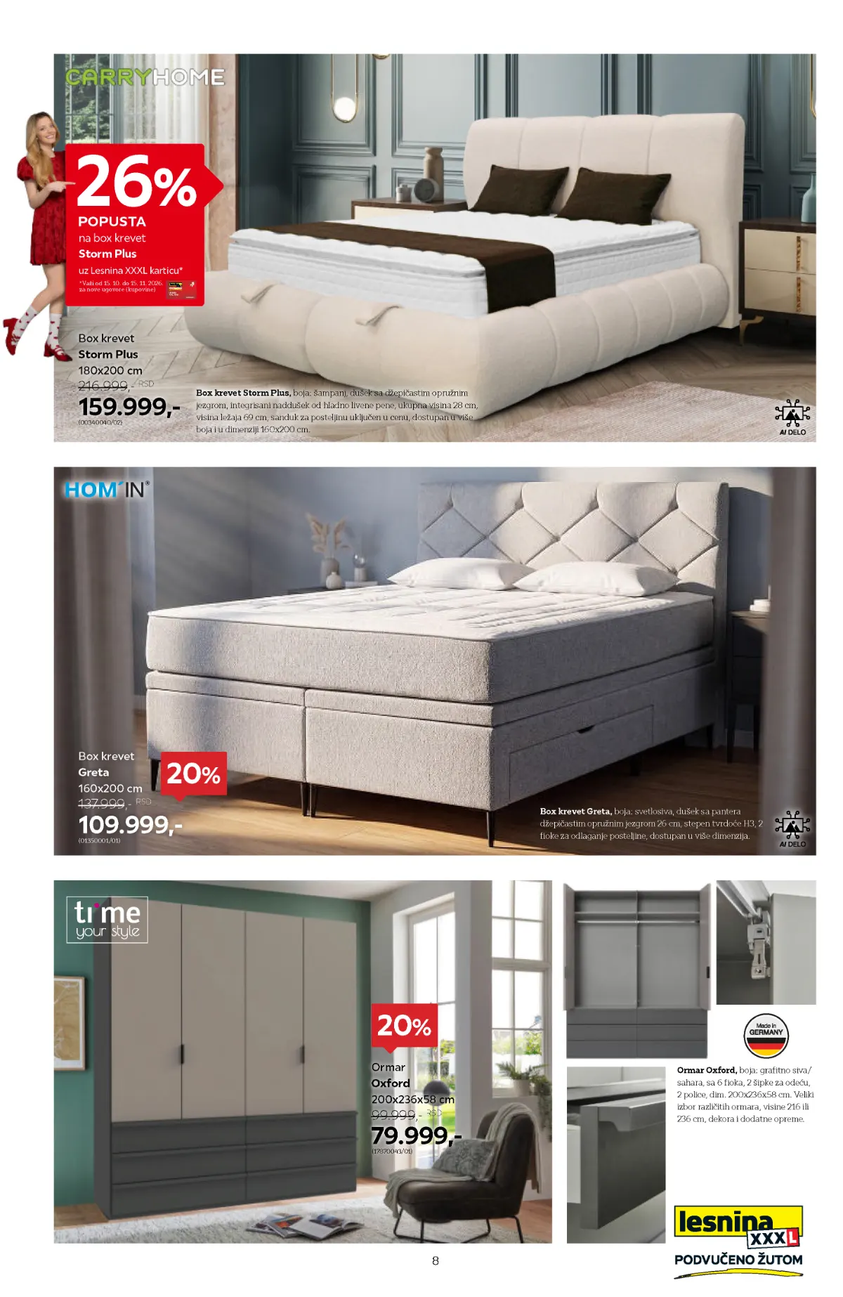 Lesnina XXXL katalog strana 8 – Boxspring krevet Storm Plus za 159.999 RSD, Greta za 109.999 RSD i ormar Oxford za 79.999 RSD