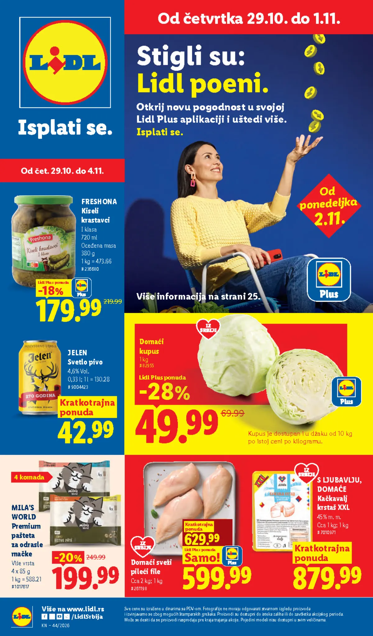 Naslovna strana Lidl kataloga od 29.10. do 04.11.2026. – pileći file, kiseli krastavci, Jelen pivo i kupus uz Lidl Plus ponude