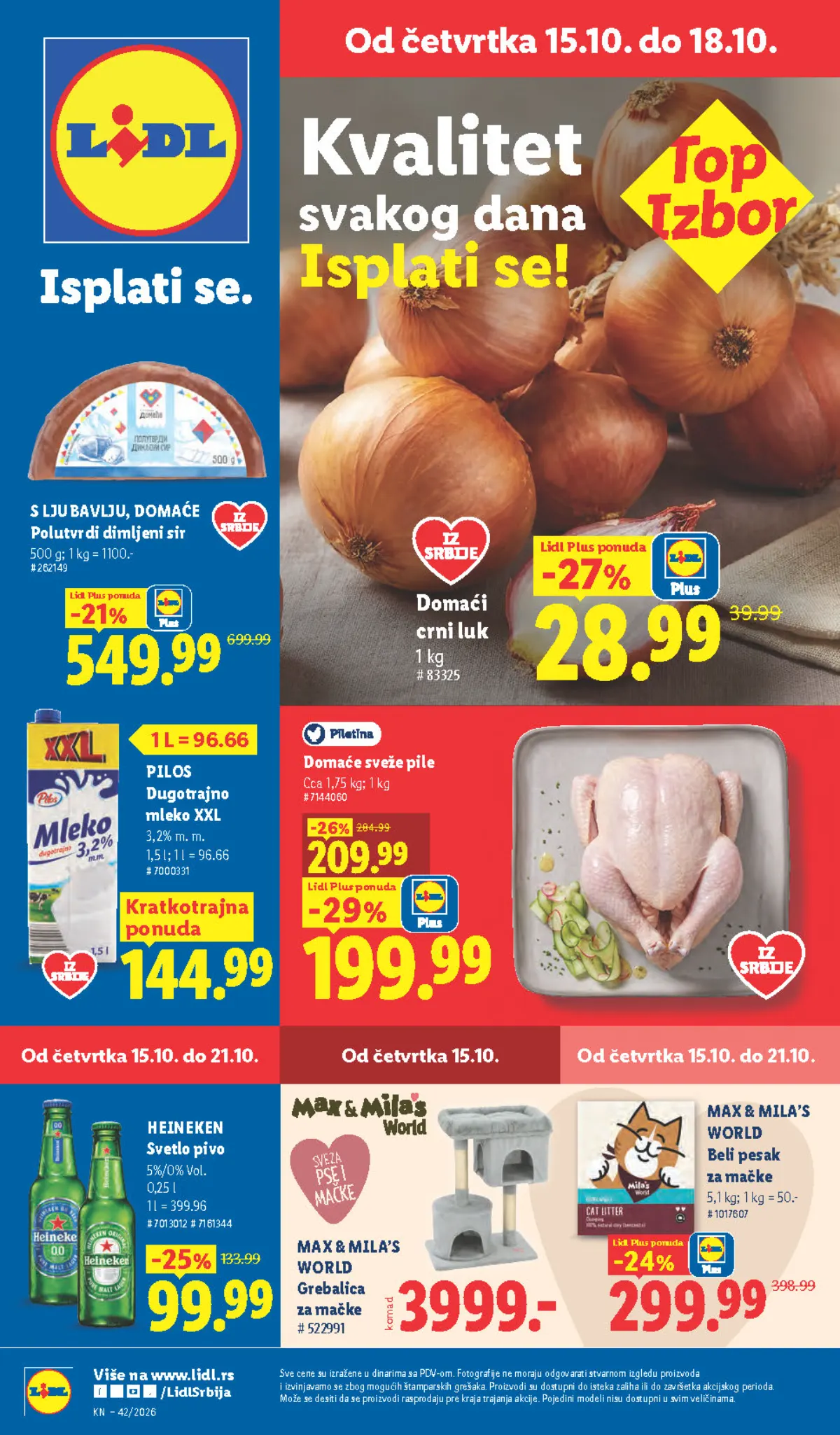 Naslovna strana Lidl kataloga 15–21.10.2026: domaći crni luk, sveže pile, Pilos mleko, dimljeni sir i oprema za mačke