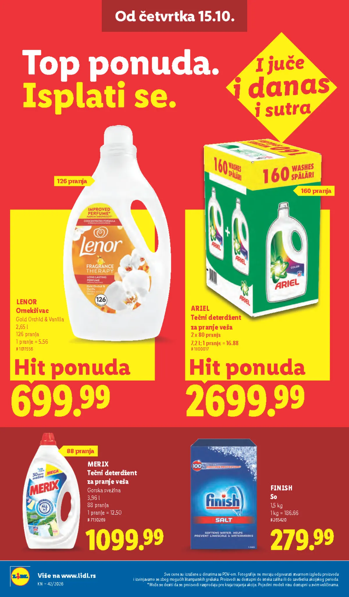 Lidl katalog – strana 36: Ariel tečni deterdžent za veš, 7,2 l, ukupno 160 pranja, Lenor Gold Orchid & Vanilla omekšivač, 2,65 l, 126 pranja