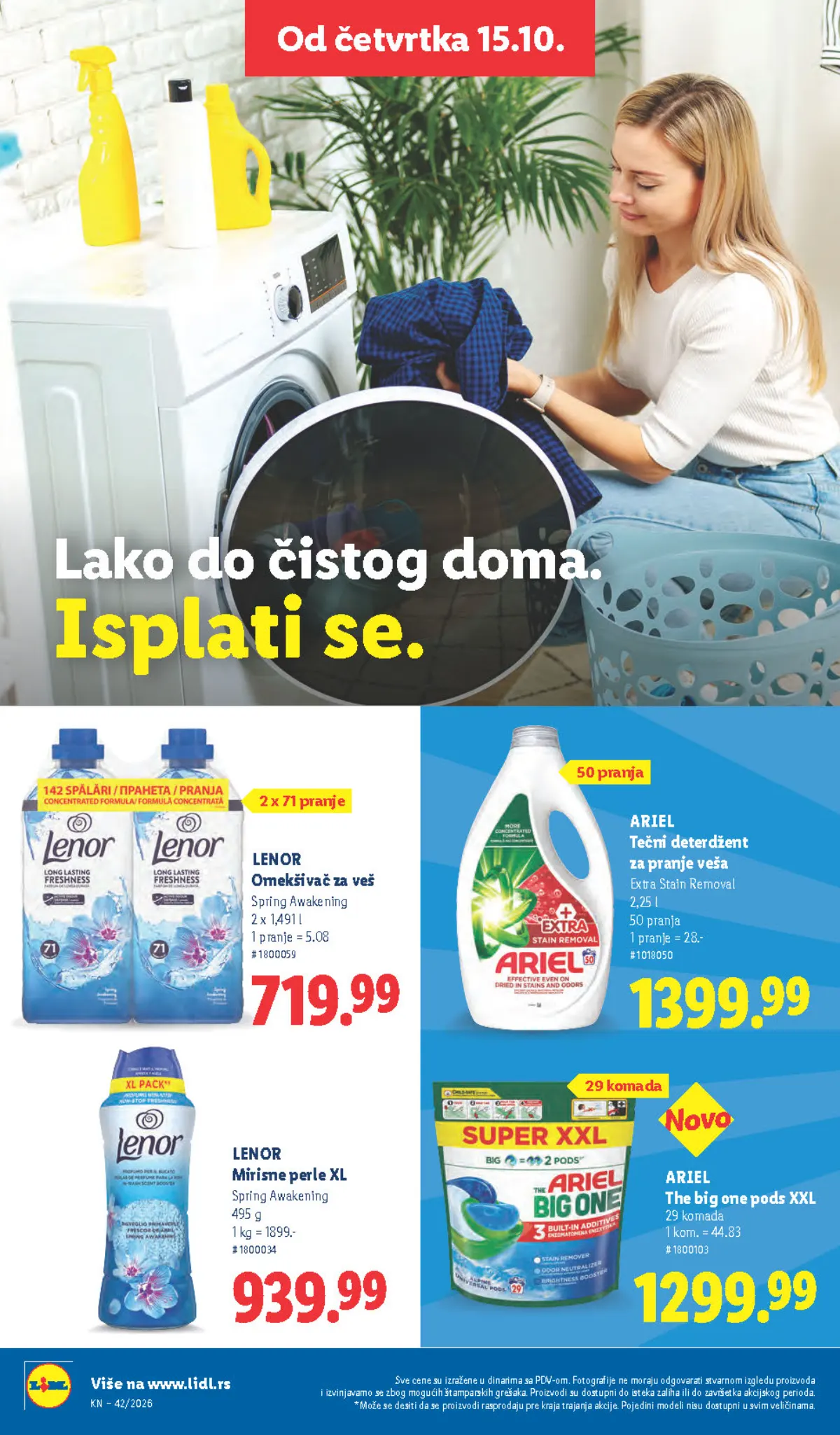 Lidl katalog – strana 38: Ariel tečni deterdžent Extra Stain Removal, 2,25 l, 50 pranja, Lenor Spring Awakening omekšivač, 2 × 1,491 l, ukupno 142 pranja