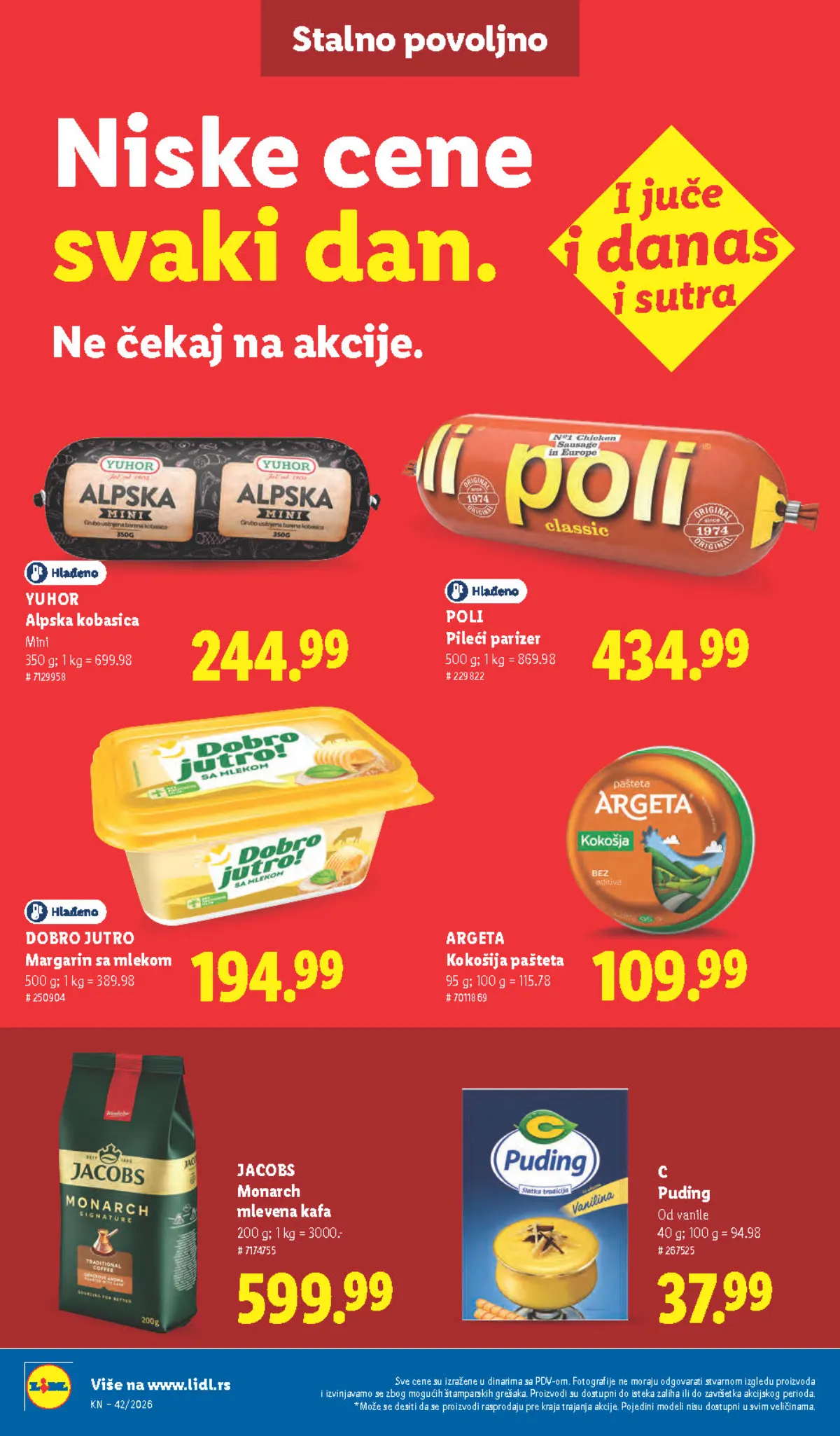 Lidl katalog – strana 42: Yuhor Alpska kobasica, 350 g, Jacobs Monarch mlevena kafa, 200 g