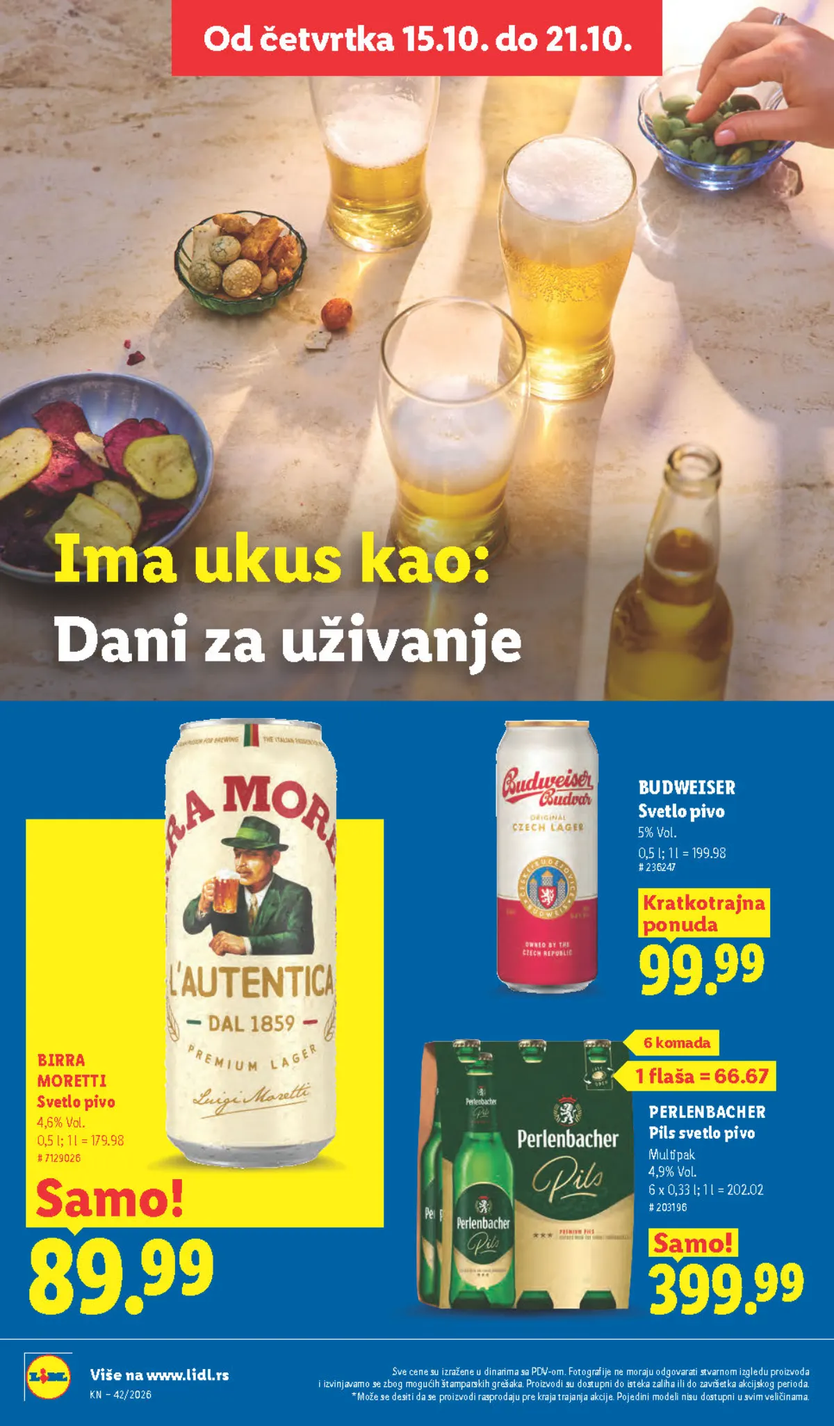 Lidl katalog – strana 46: Birra Moretti svetlo pivo, 0,5 l, Budweiser svetlo pivo, 0,5 l