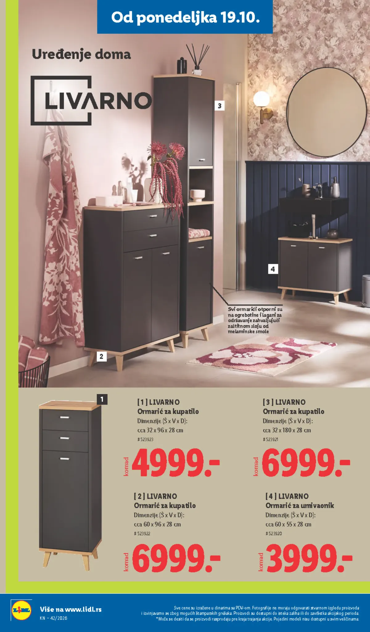 Lidl katalog – strana 90: Livarno ormarić za kupatilo, približno 32 × 96 × 28 cm, Livarno ormarić za umivaonik, približno 60 × 55 × 28 cm