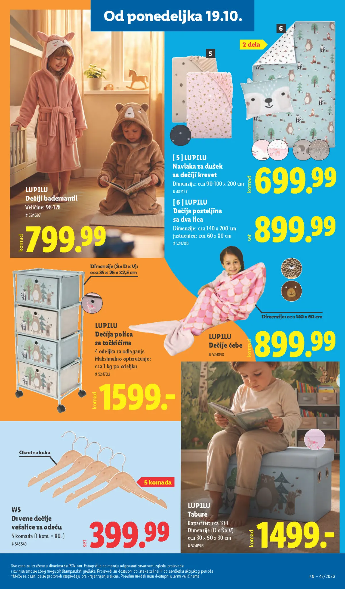 Lidl katalog – strana 95: Lupilu dečija posteljina sa dva lica, navlaka 140 × 200 cm i jastučnica 60 × 80 cm, Lupilu dečiji bademantil, veličine 98–128