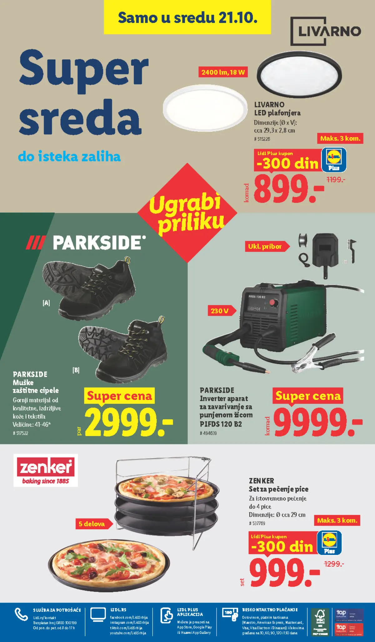 Lidl katalog – strana 100: Livarno LED plafonjera, 18 W, 2.400 lm, Parkside inverter aparat za zavarivanje sa punjenom žicom PIFDS 120 B2