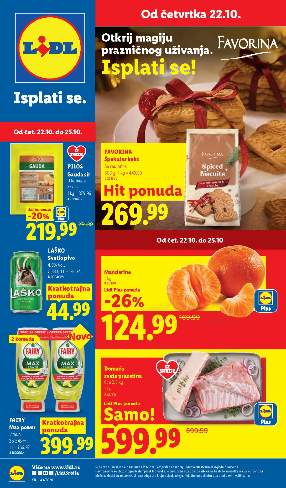 Naslovna strana Lidl kataloga 22–28.10.2026. – Pilos gauda sir, Favorina špekulas keks, mandarine i domaća sveža prasetina