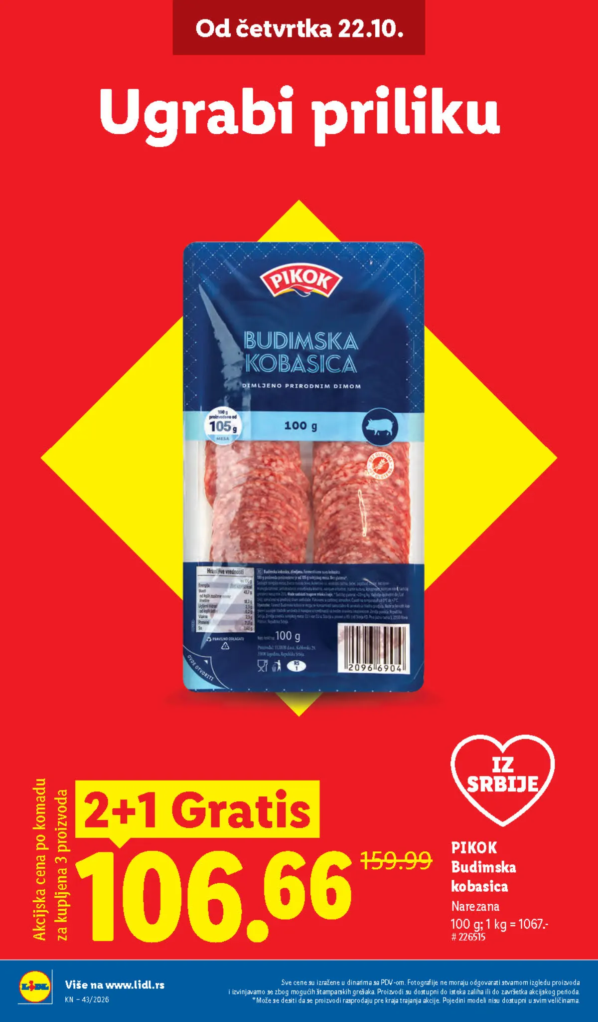 Lidl katalog 22–28.10.2026, strana 4 – Pikok budimska kobasica, ponuda 2+1 gratis