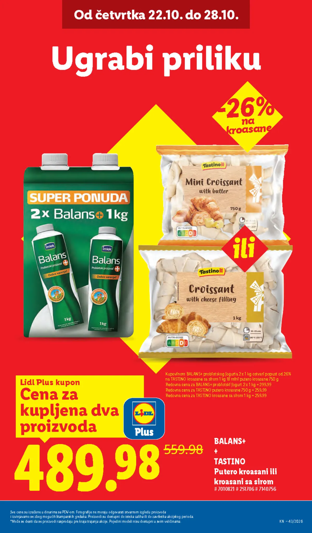 Lidl katalog 22–28.10.2026, strana 7 – Balans+ probiotski jogurt i Tastino kroasani