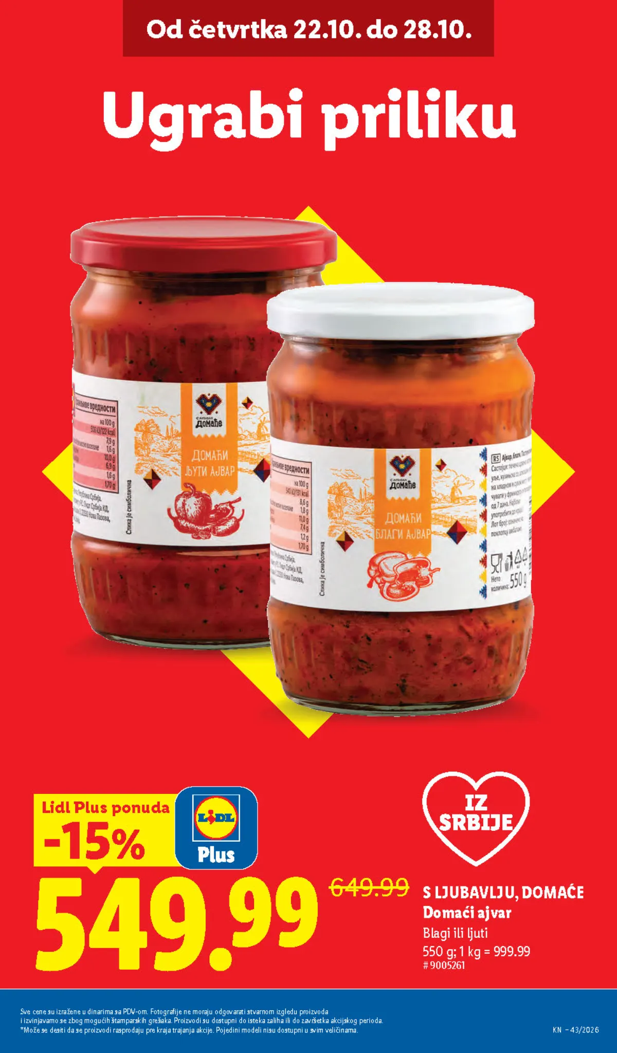 Lidl katalog 22–28.10.2026, strana 9 – S ljubavlju, domaće ajvar, blagi ili ljuti, 550 g