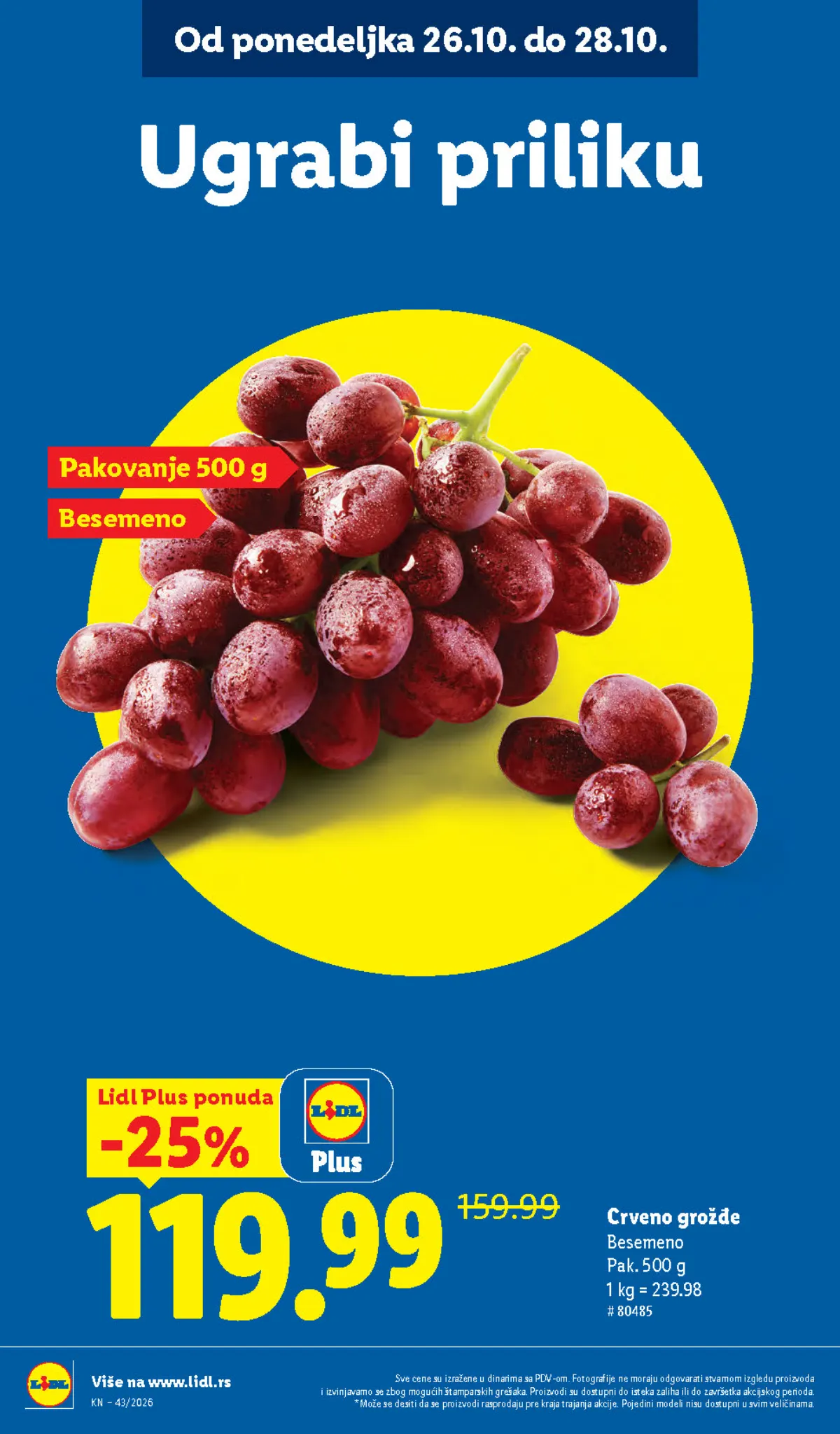 Lidl katalog 22–28.10.2026, strana 14 – crveno besemeno grožđe, pakovanje 500 g