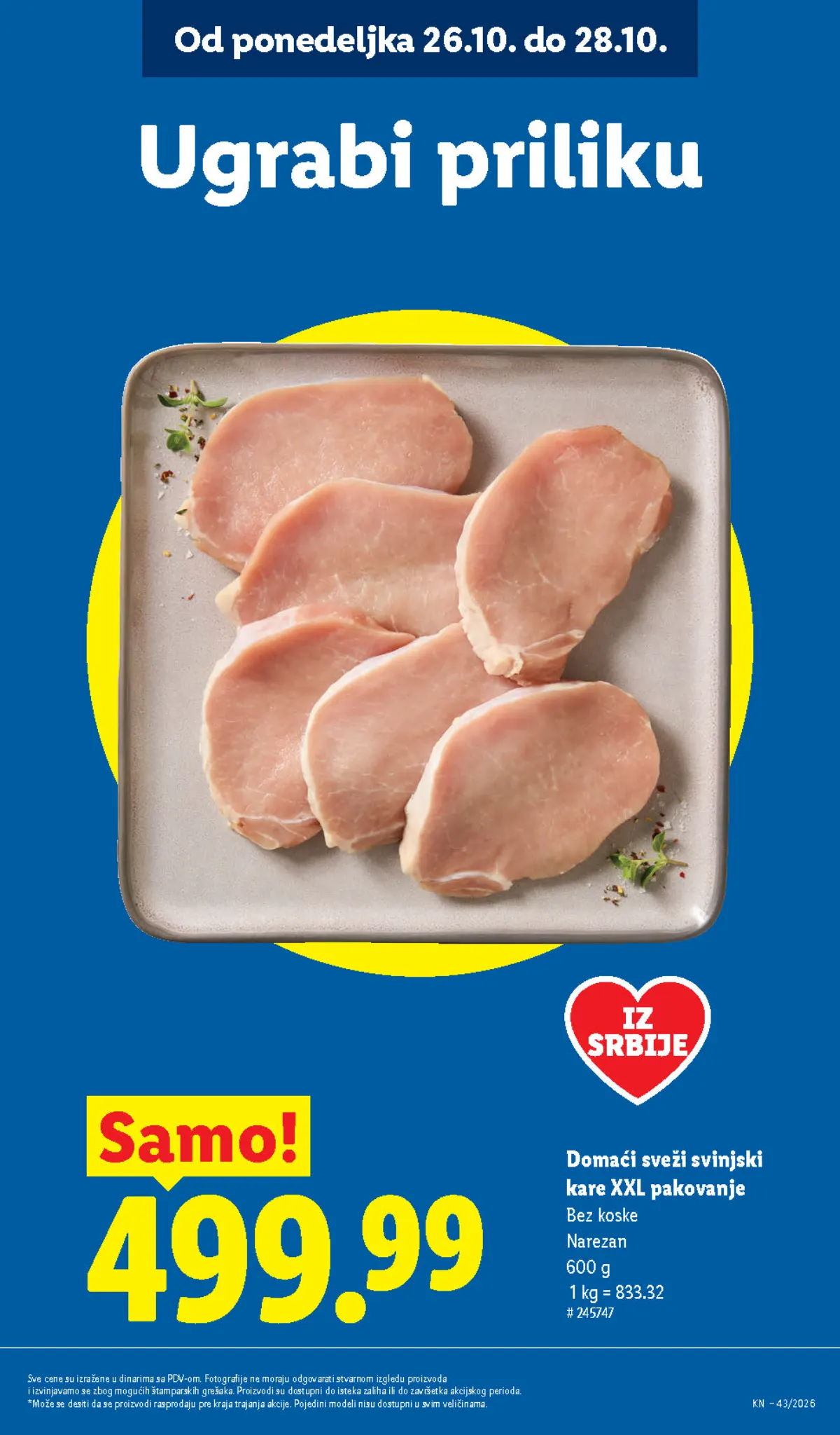 Lidl katalog 22–28.10.2026, strana 15 – domaći sveži svinjski kare bez koske, XXL pakovanje 600 g
