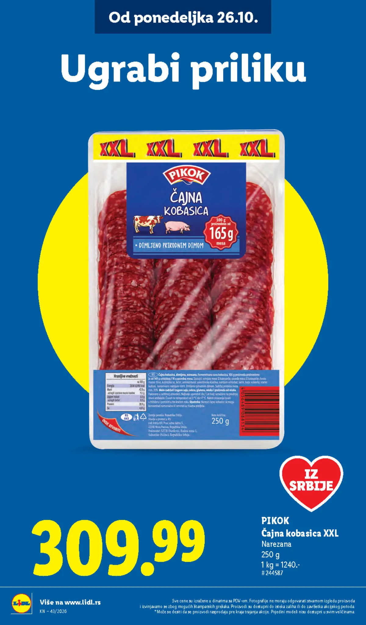 Lidl katalog 22–28.10.2026, strana 16 – Pikok čajna kobasica, XXL pakovanje 250 g