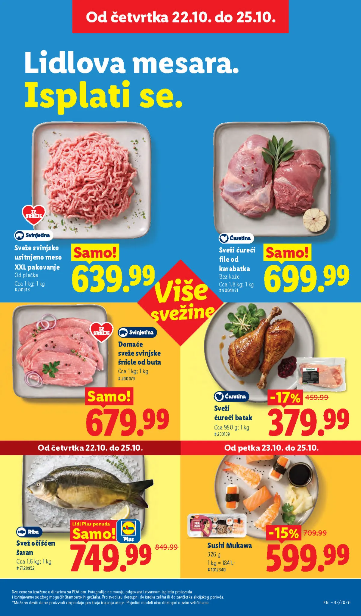 Lidl katalog 22–28.10.2026, strana 21 – svinjsko usitnjeno meso i sveži ćureći file od karabatka