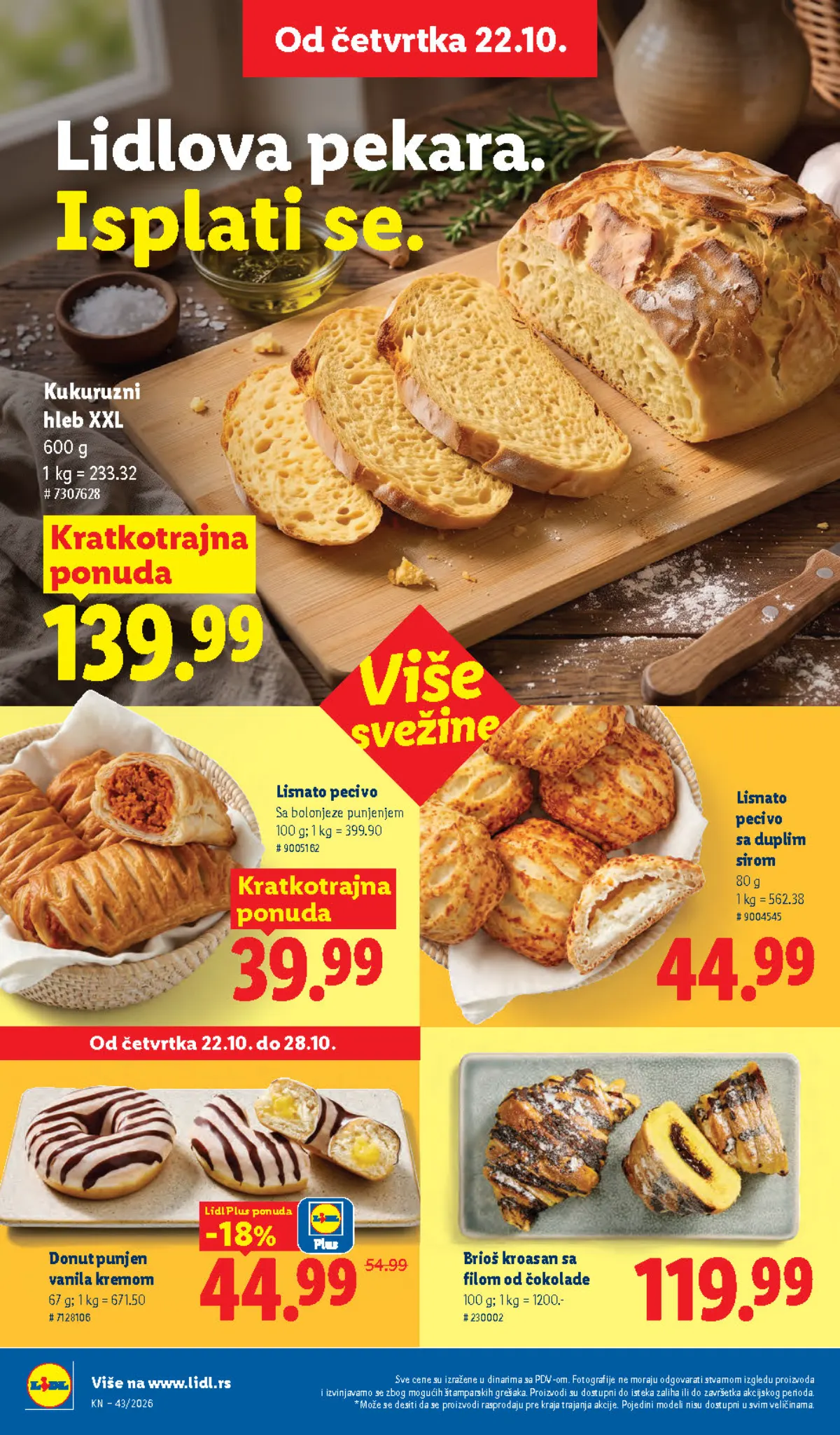 Lidl katalog 22–28.10.2026, strana 22 – kukuruzni hleb XXL i lisnato pecivo sa bolonjeze punjenjem