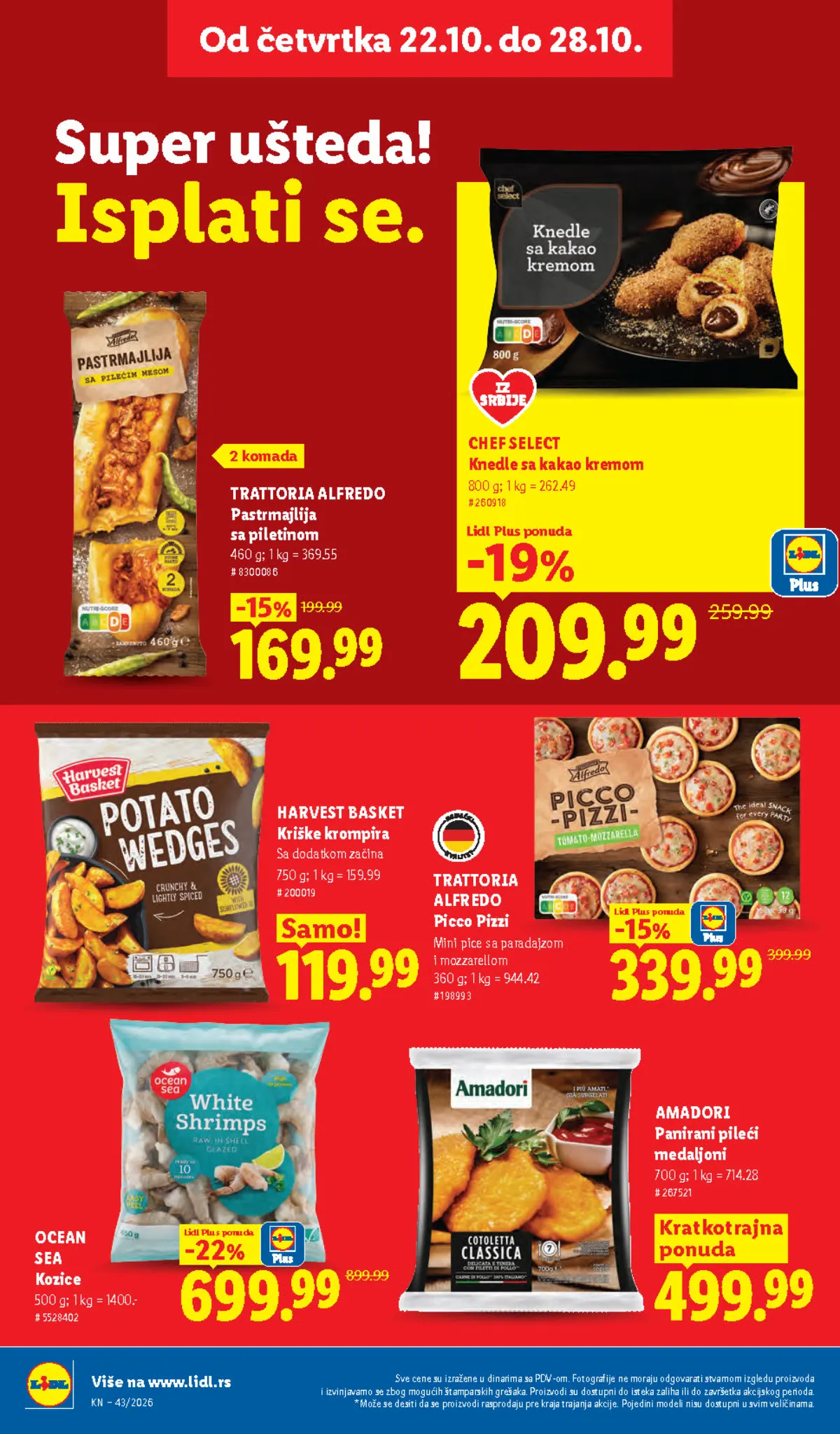 Lidl katalog 22–28.10.2026, strana 28 – Chef Select knedle sa kakao kremom i Trattoria Alfredo pastrmajlija sa piletinom