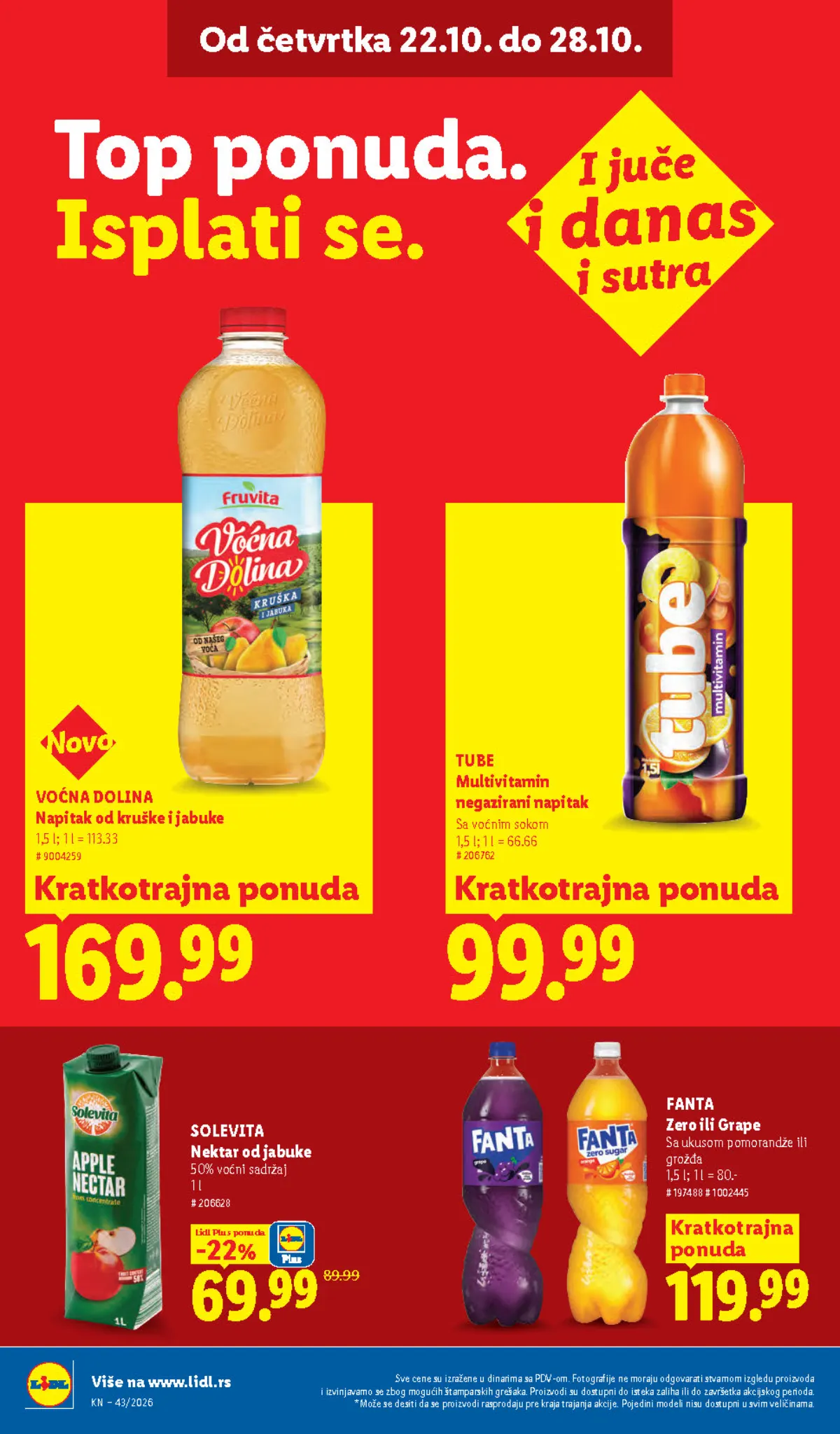 Lidl katalog 22–28.10.2026, strana 34 – Voćna Dolina napitak od kruške i jabuke i Tube multivitamin napitak