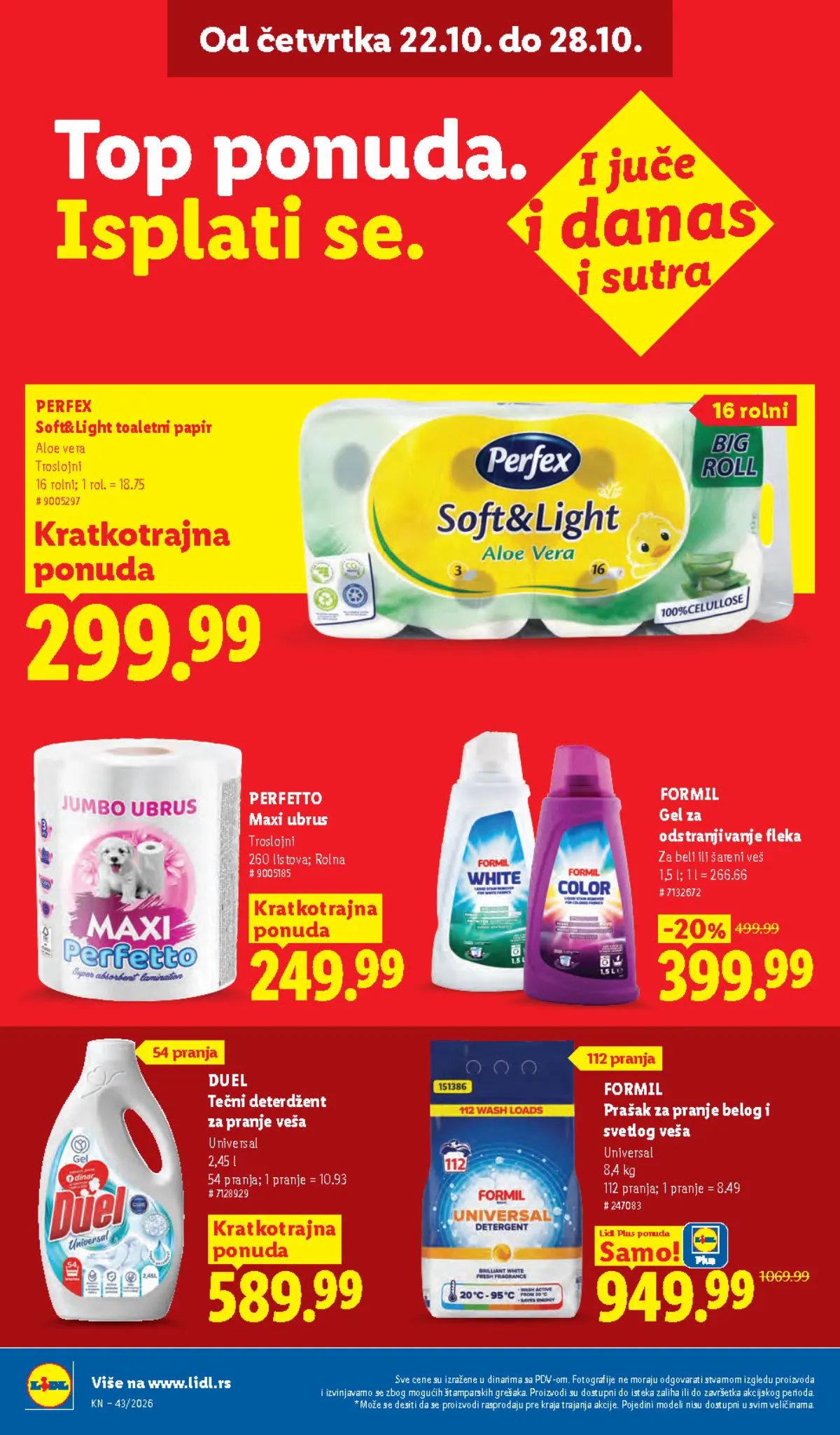 Lidl katalog 22–28.10.2026, strana 36 – Perfex toaletni papir i Formil prašak za pranje veša