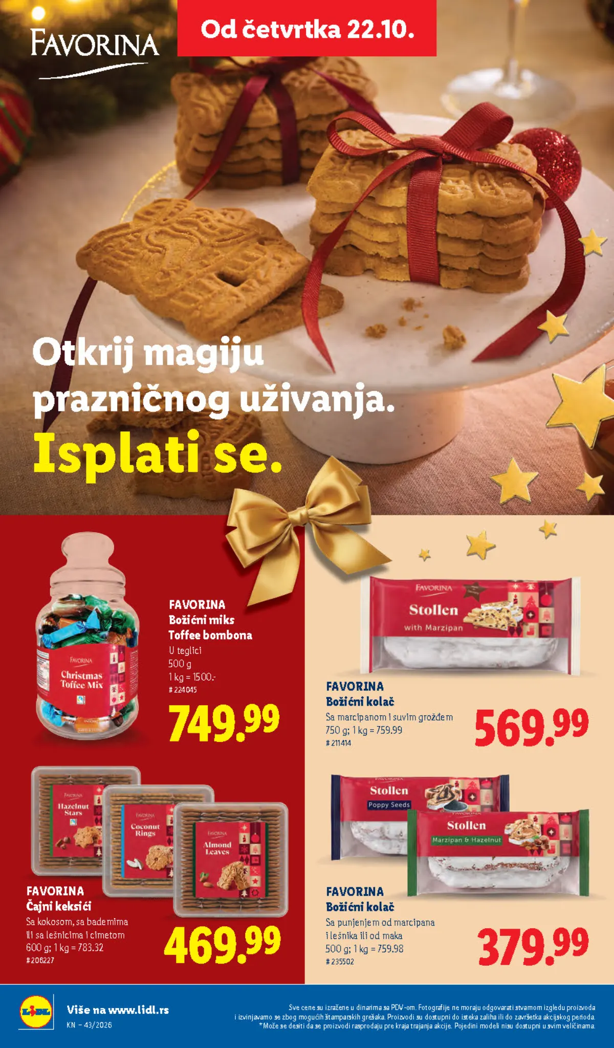 Lidl katalog 22–28.10.2026, strana 46 – Favorina božićni miks toffee bombona i božićni kolač sa marcipanom