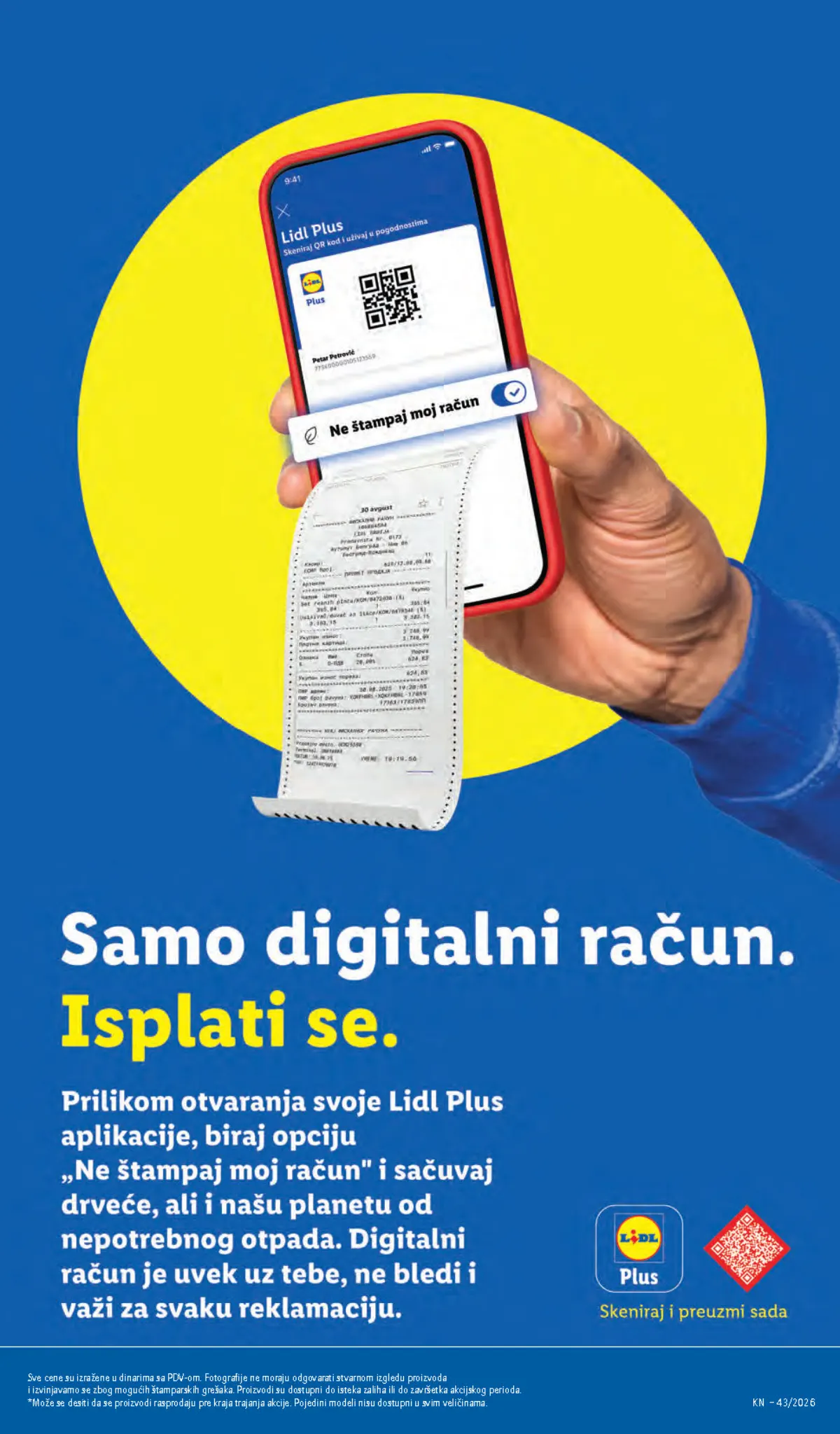Lidl katalog 22–28.10.2026, strana 67 – digitalni račun i opcija Ne štampaj moj račun u Lidl Plus aplikaciji