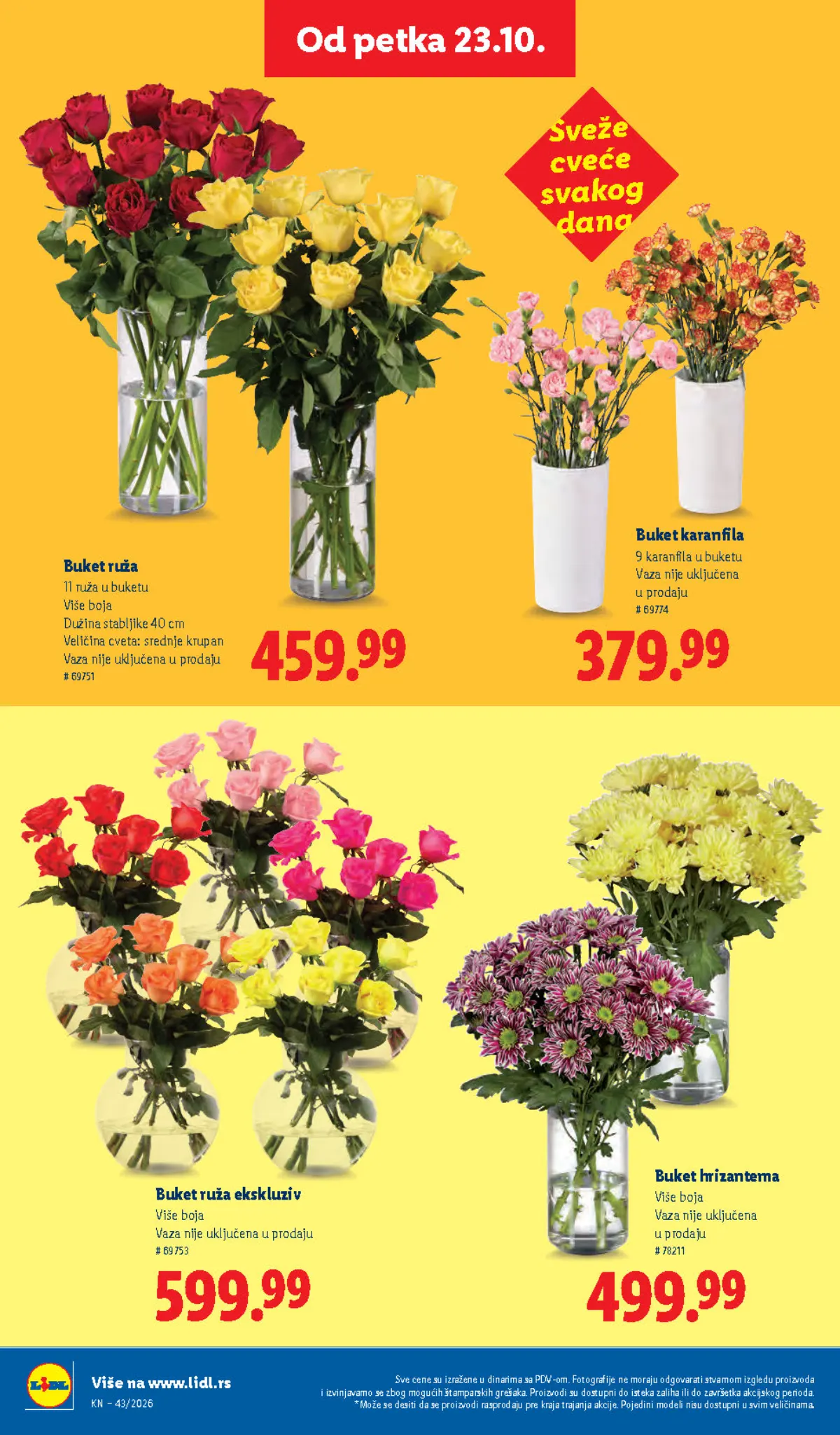 Lidl katalog 22–28.10.2026, strana 72 – buket ruža i buket karanfila