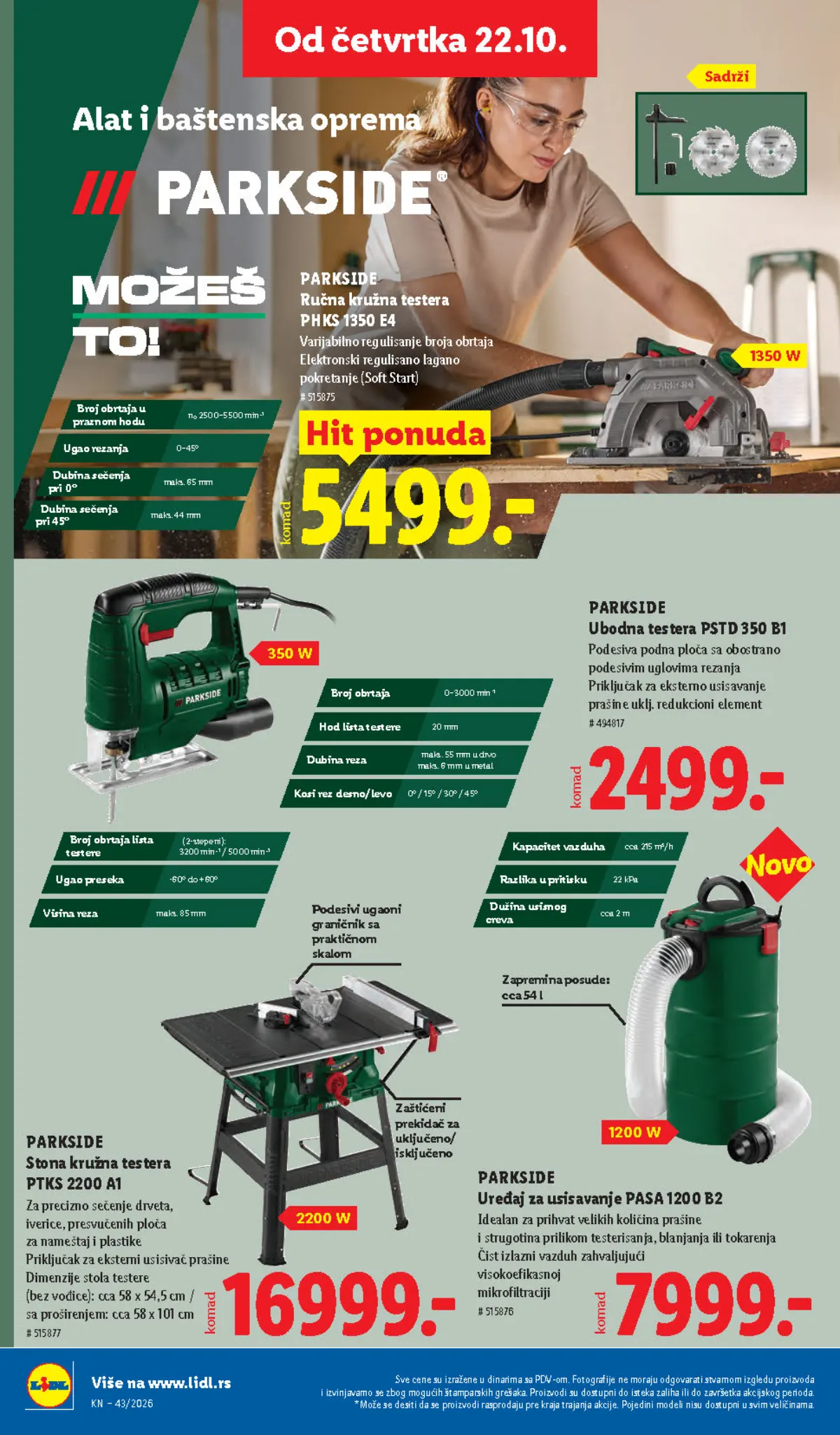 Lidl katalog 22–28.10.2026, strana 82 – PARKSIDE ručna kružna testera PHKS 1350 E4 i ubodna testera PSTD 350 B1