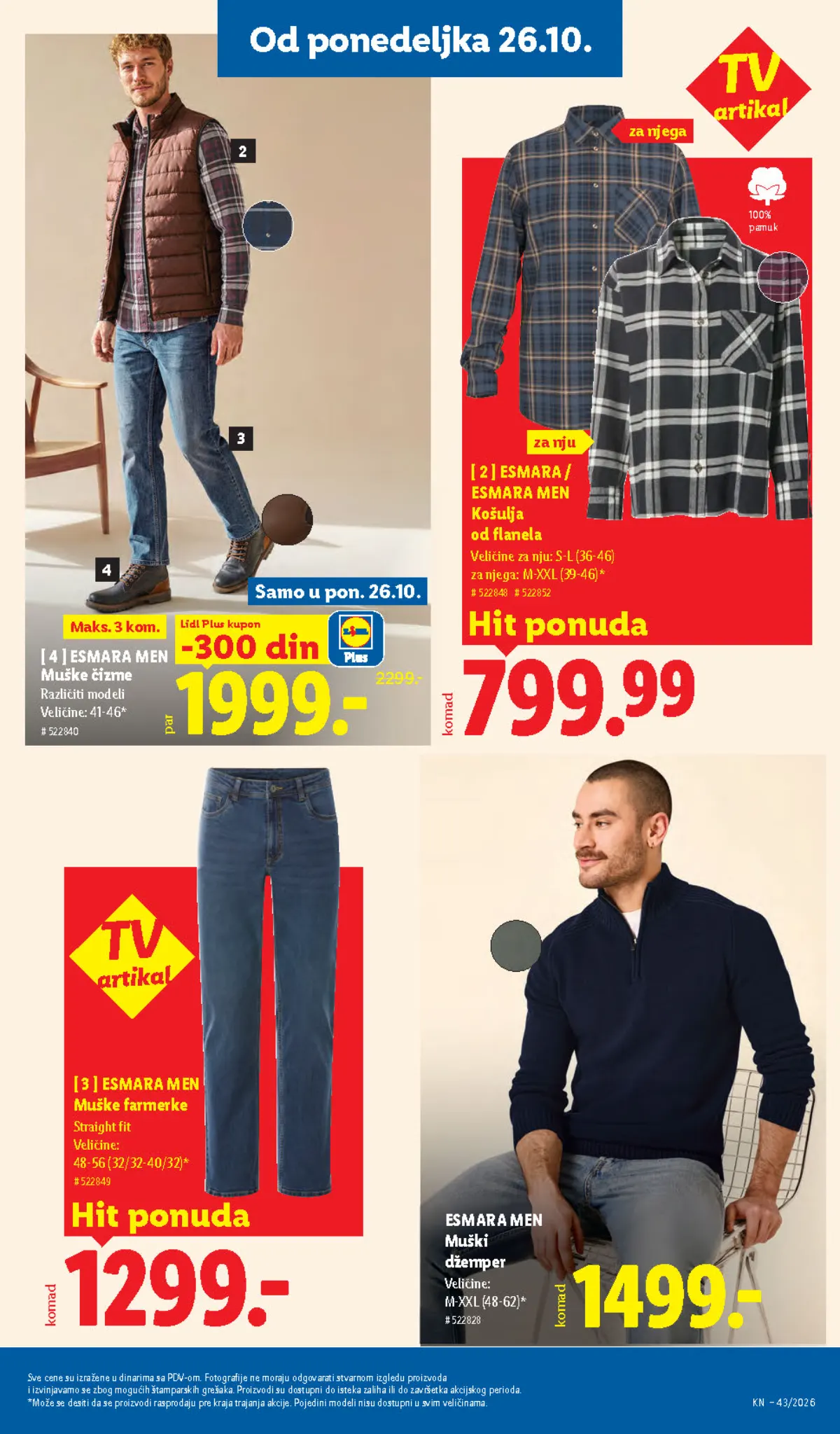 Lidl katalog 22–28.10.2026, strana 85 – Esmara i Esmara Men košulje od flanela i muške farmerke