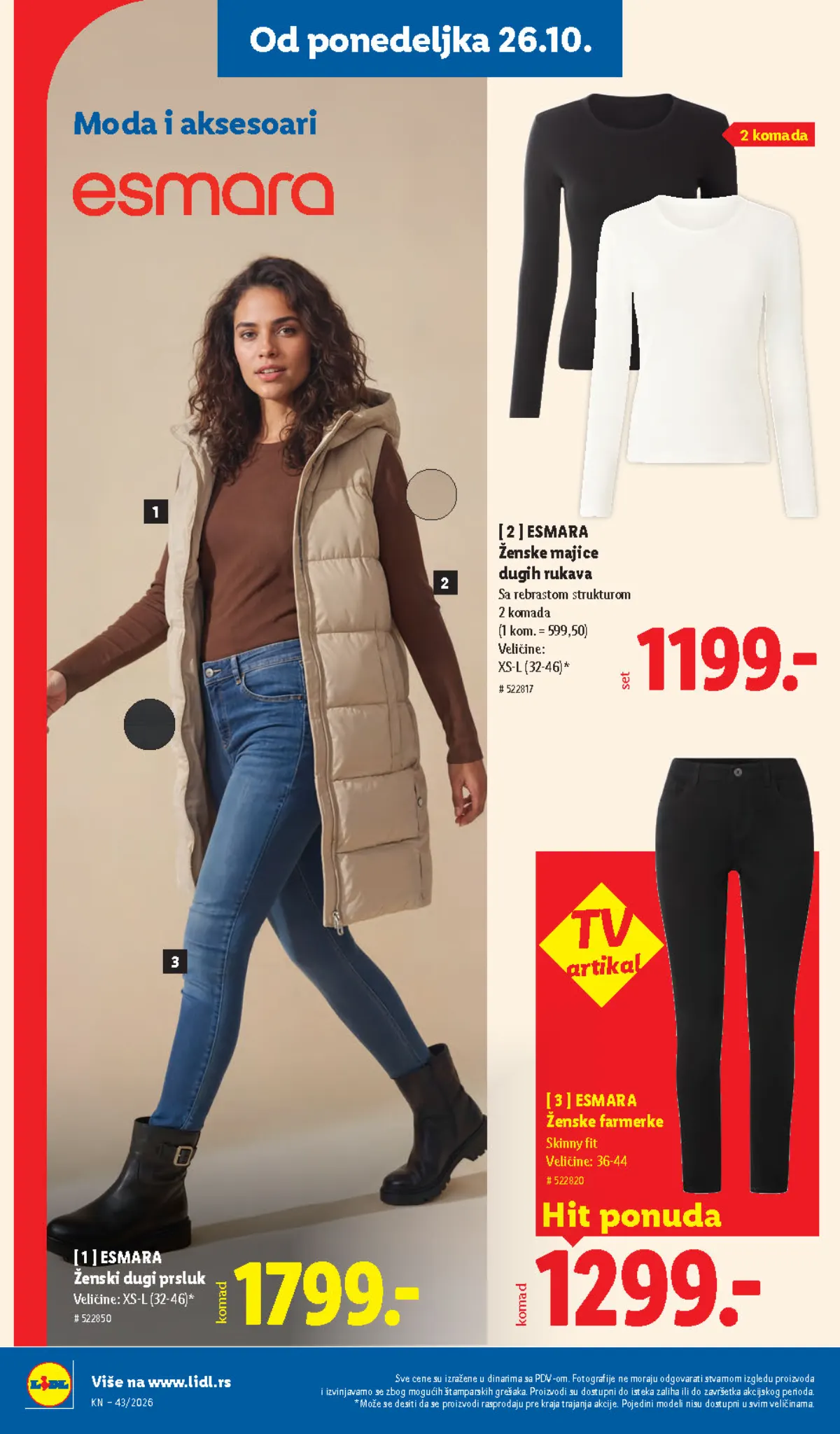 Lidl katalog 22–28.10.2026, strana 86 – Esmara ženski dugi prsluk i ženske skinny farmerke
