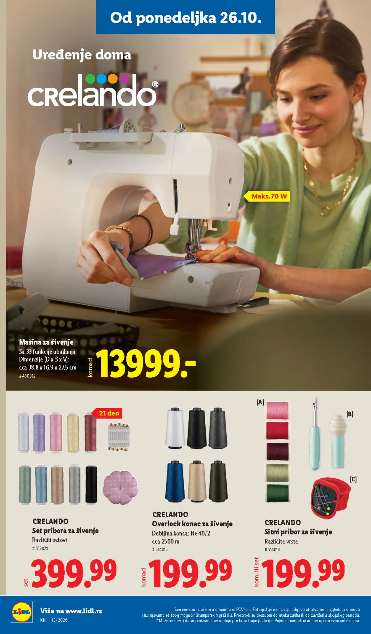 Lidl katalog 22–28.10.2026, strana 90 – mašina za šivenje i Crelando set pribora za šivenje