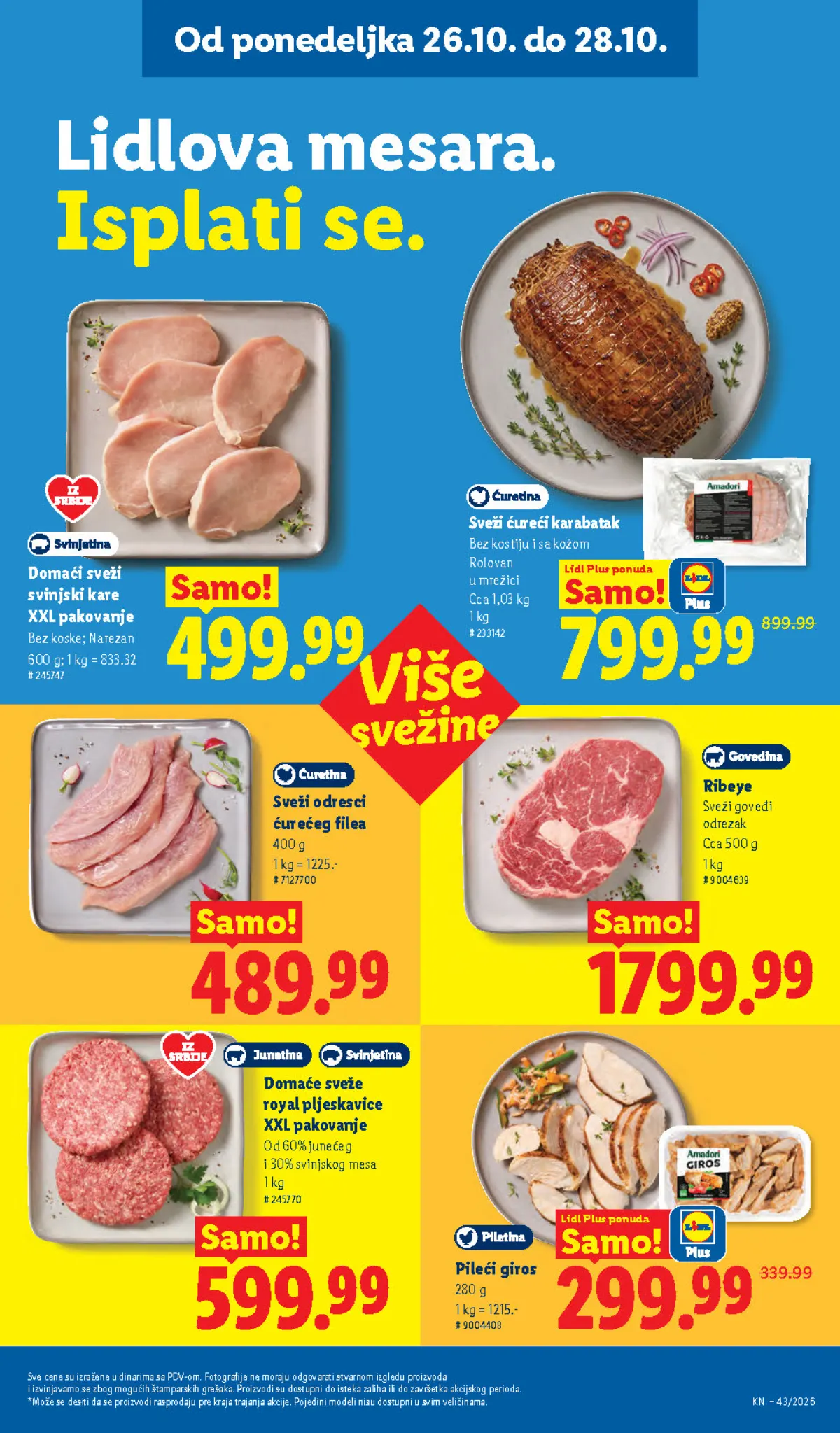 Lidl katalog 22–28.10.2026, strana 101 – domaći svinjski kare XXL i rolovani ćureći karabatak