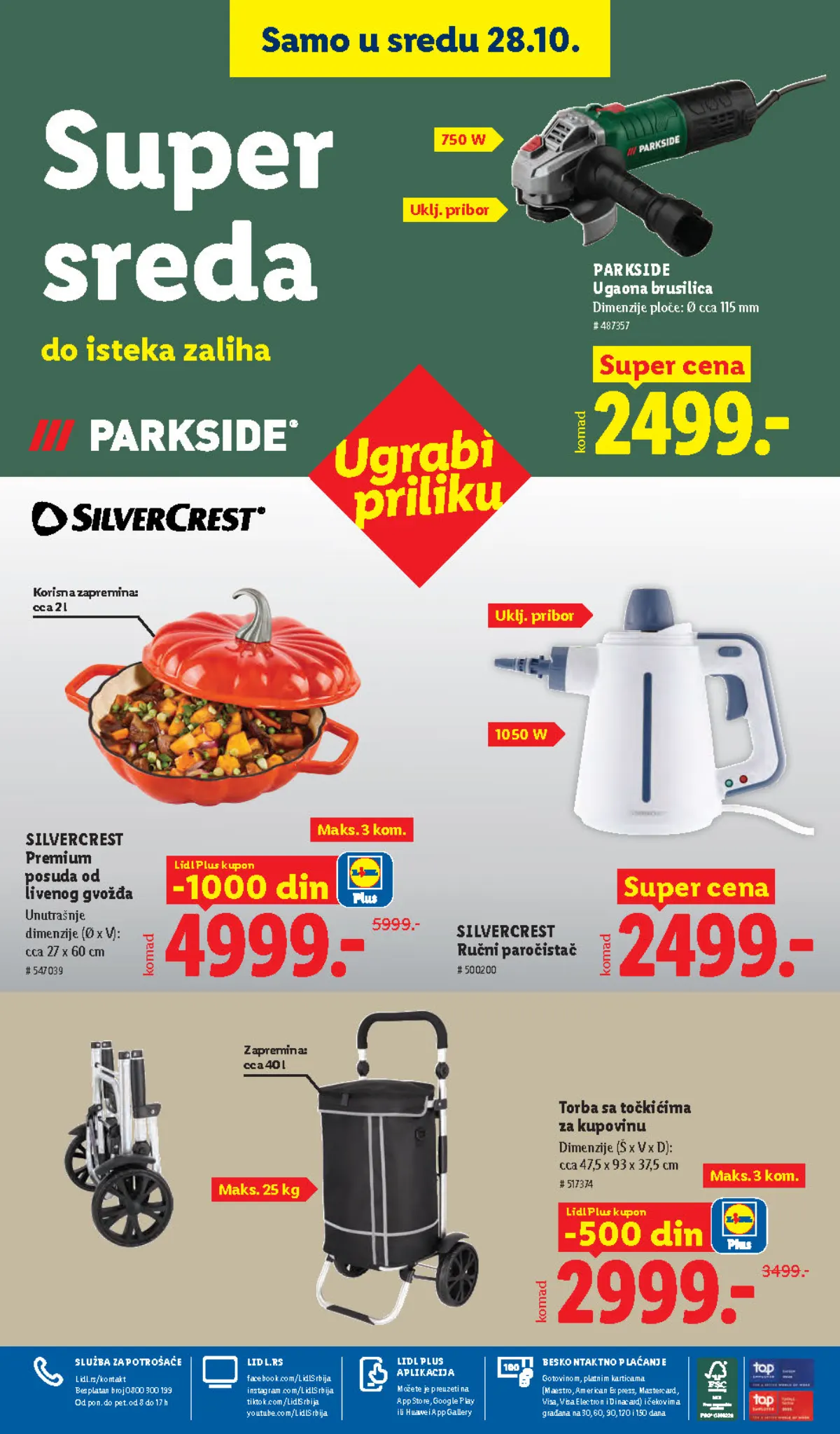 Lidl katalog 22–28.10.2026, strana 104 – PARKSIDE ugaona brusilica i Silvercrest ručni paročistač, Super sreda