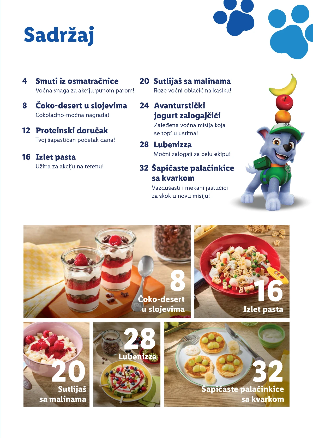 Sadržaj Lidl Malog kuvara Patrolne šape sa receptima za smutije, doručak, deserte, testeninu i palačinke