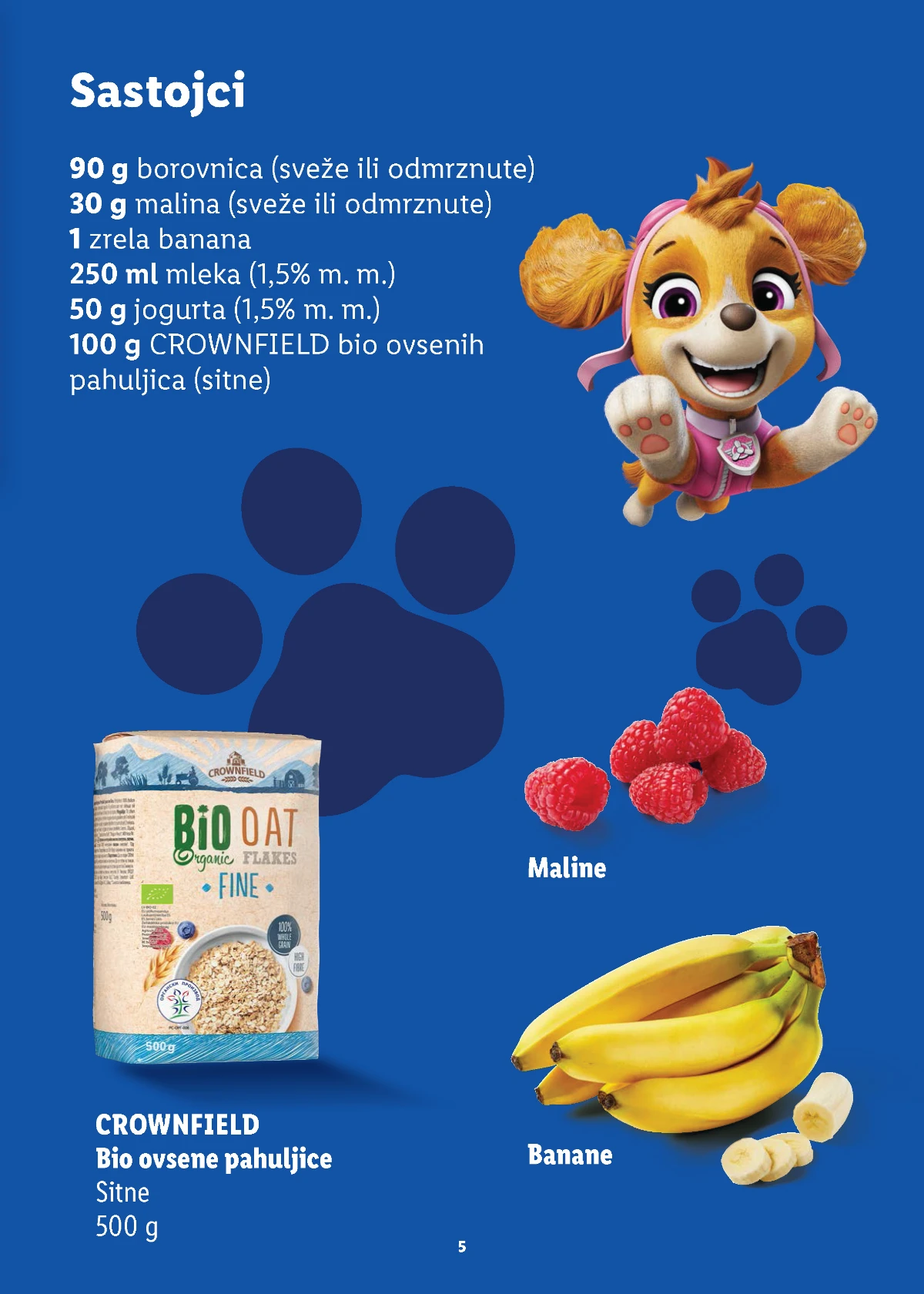 Sastojci za voćni smuti sa bananom, borovnicama, malinama i ovsenim pahuljicama