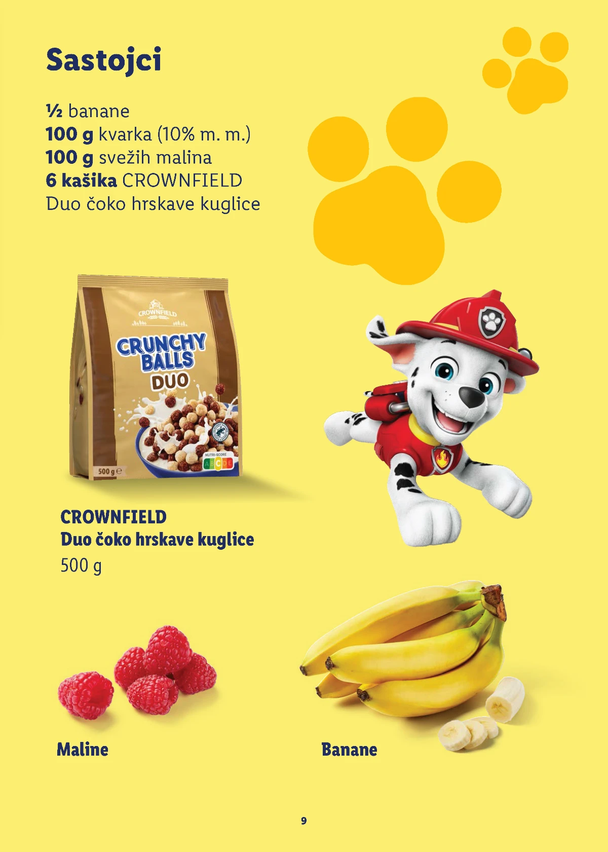 Sastojci za čoko-desert sa kvarkom, bananom, malinama i čoko kuglicama