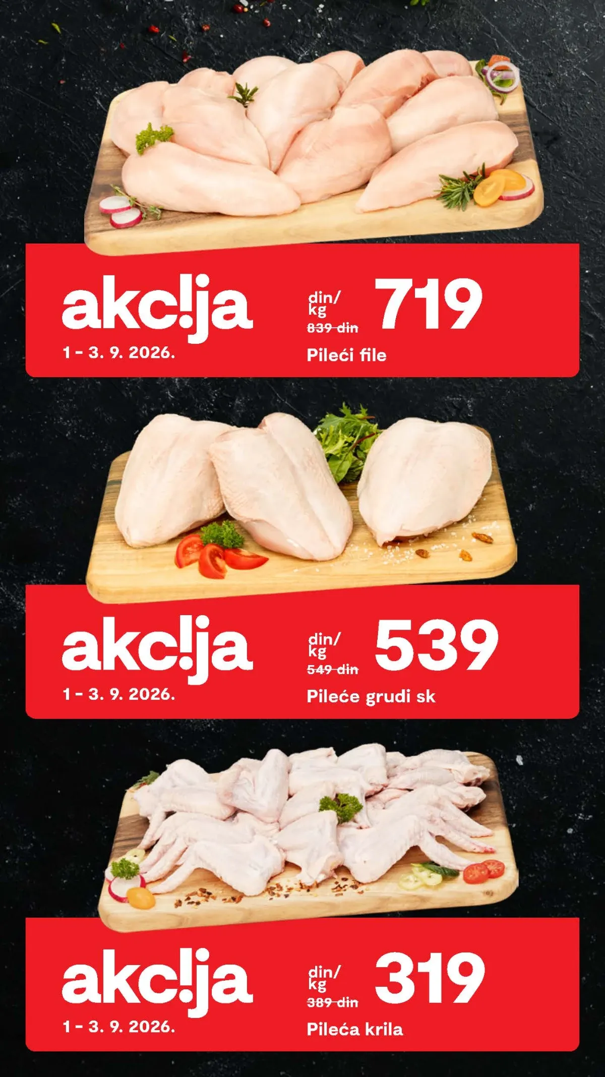 Matijević akcija od 01.09. do 03.09.2026. – pileći file 719 RSD i pileća krila 319 RSD po kilogramu