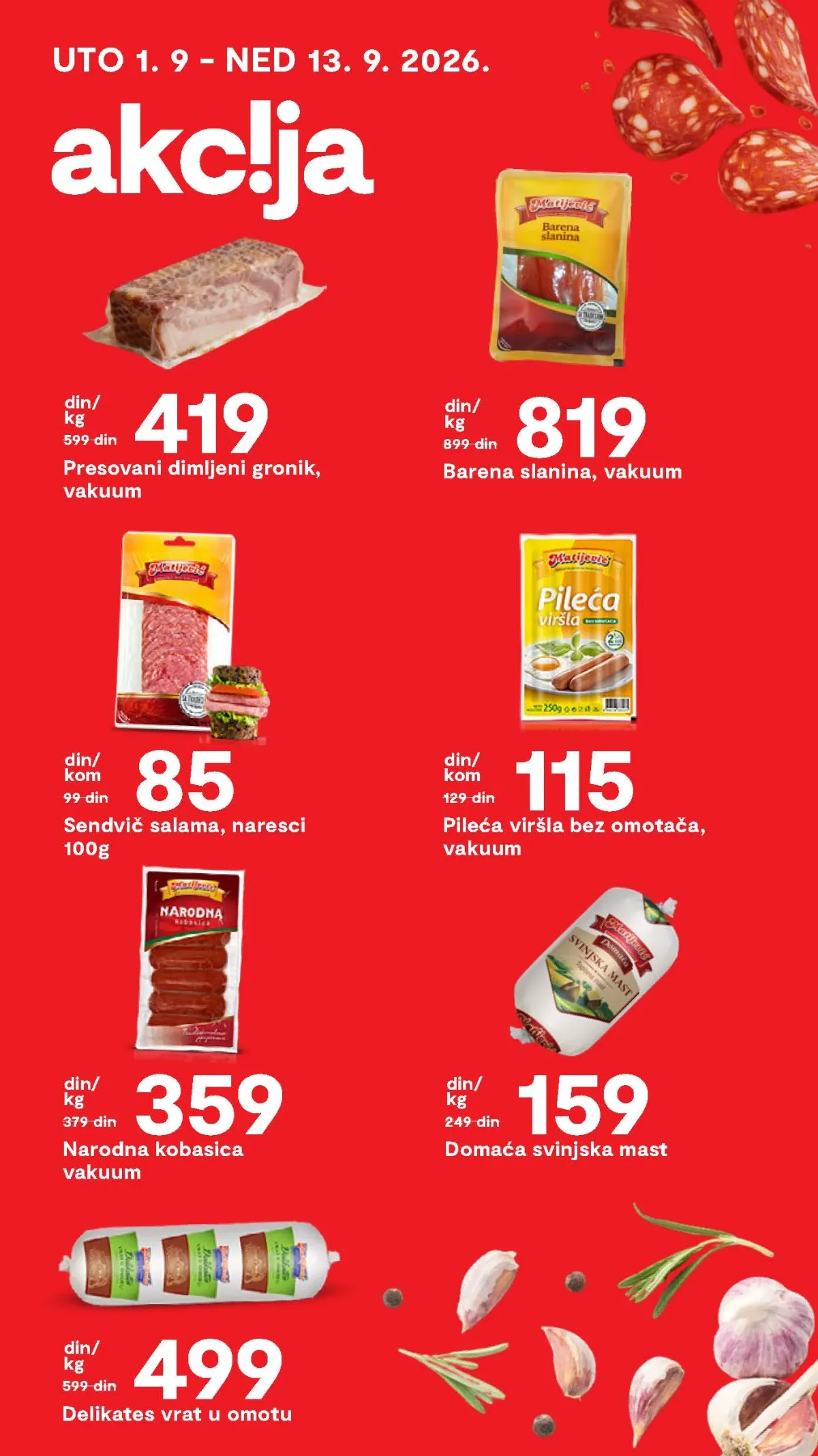Matijević katalog delikatesa – presovani dimljeni gronik 419 RSD i domaća svinjska mast 159 RSD za kilogram