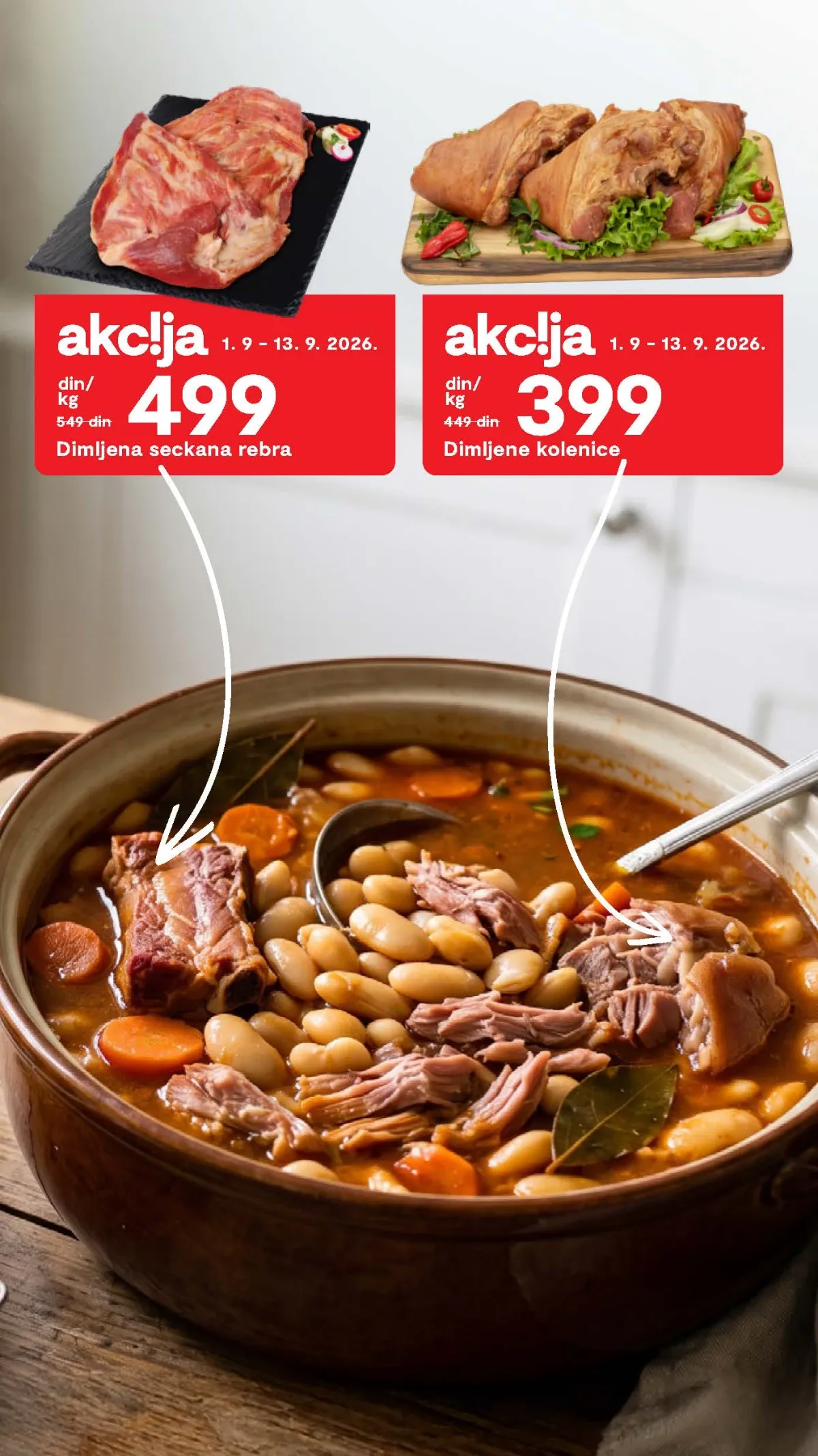 Matijević katalog do 13.09.2026. – dimljena seckana rebra 499 RSD i dimljene kolenice 399 RSD za kilogram
