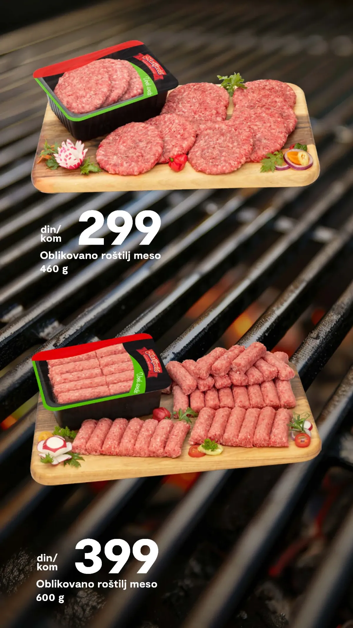 Oblikovano roštilj meso od 460 g za 299 RSD i pakovanje od 600 g za 399 RSD