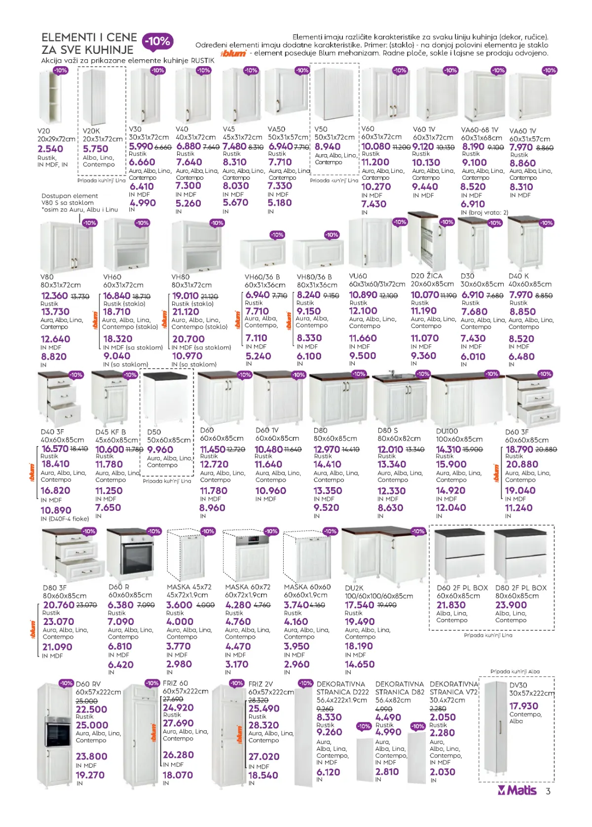 MATIS katalog strana 3 – elementi i cene za kuhinje Rustik, Aura, Alba, Lina, Contempo i IN MDF