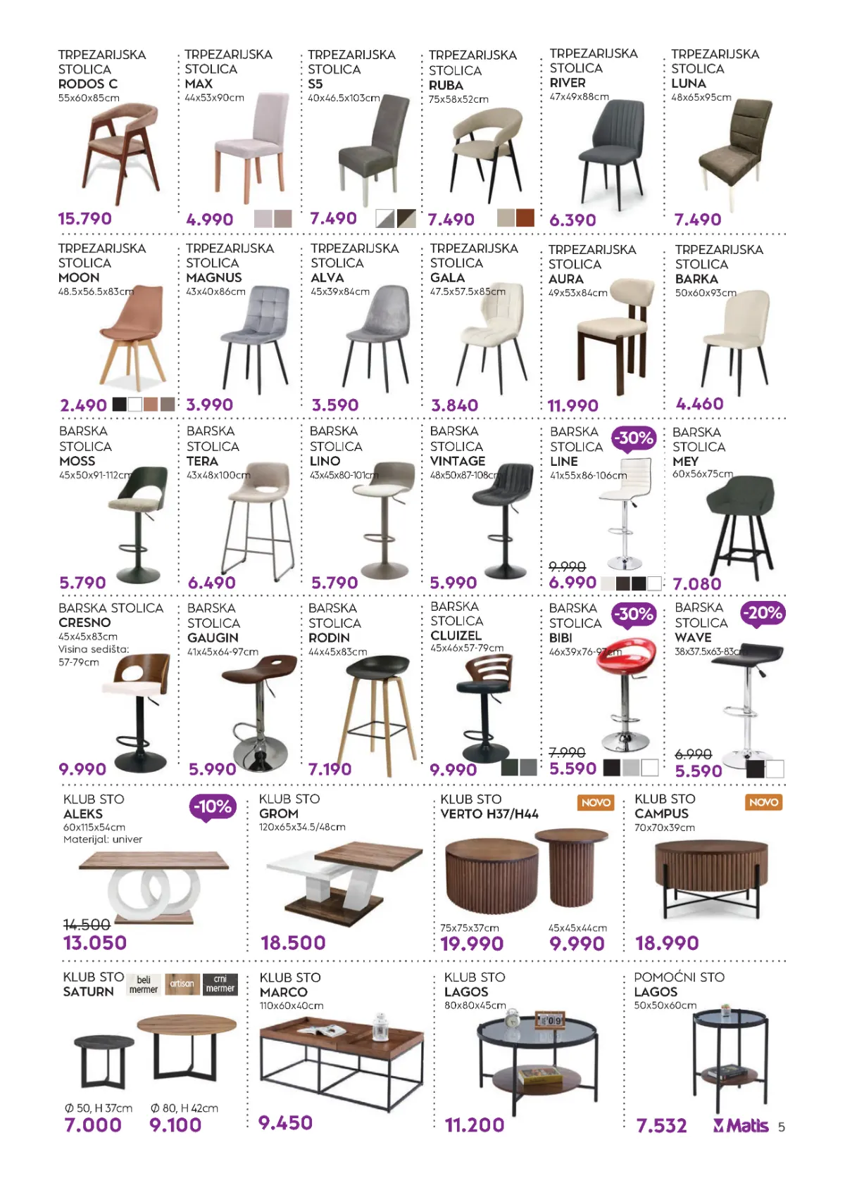 MATIS katalog strana 5 – trpezarijske i barske stolice, klub i pomoćni stolovi